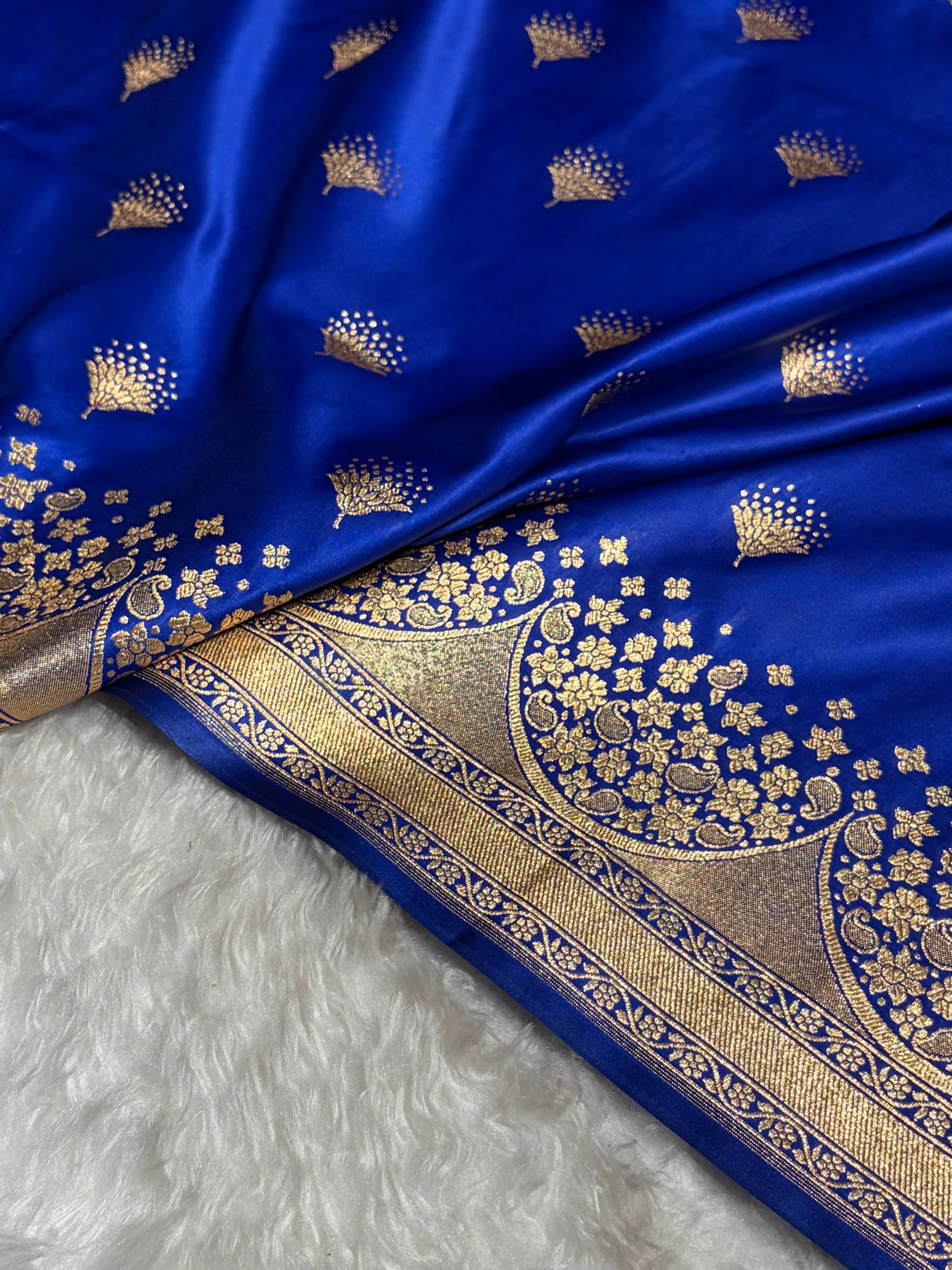 Royal Blue Floral Banasari Pattern Satin Katan Silk Saree SK83