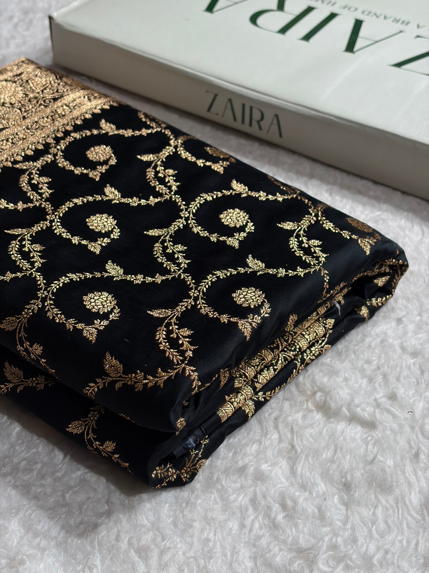 Black Floral Jaal Pattern Satin Katan Silk saree SK55