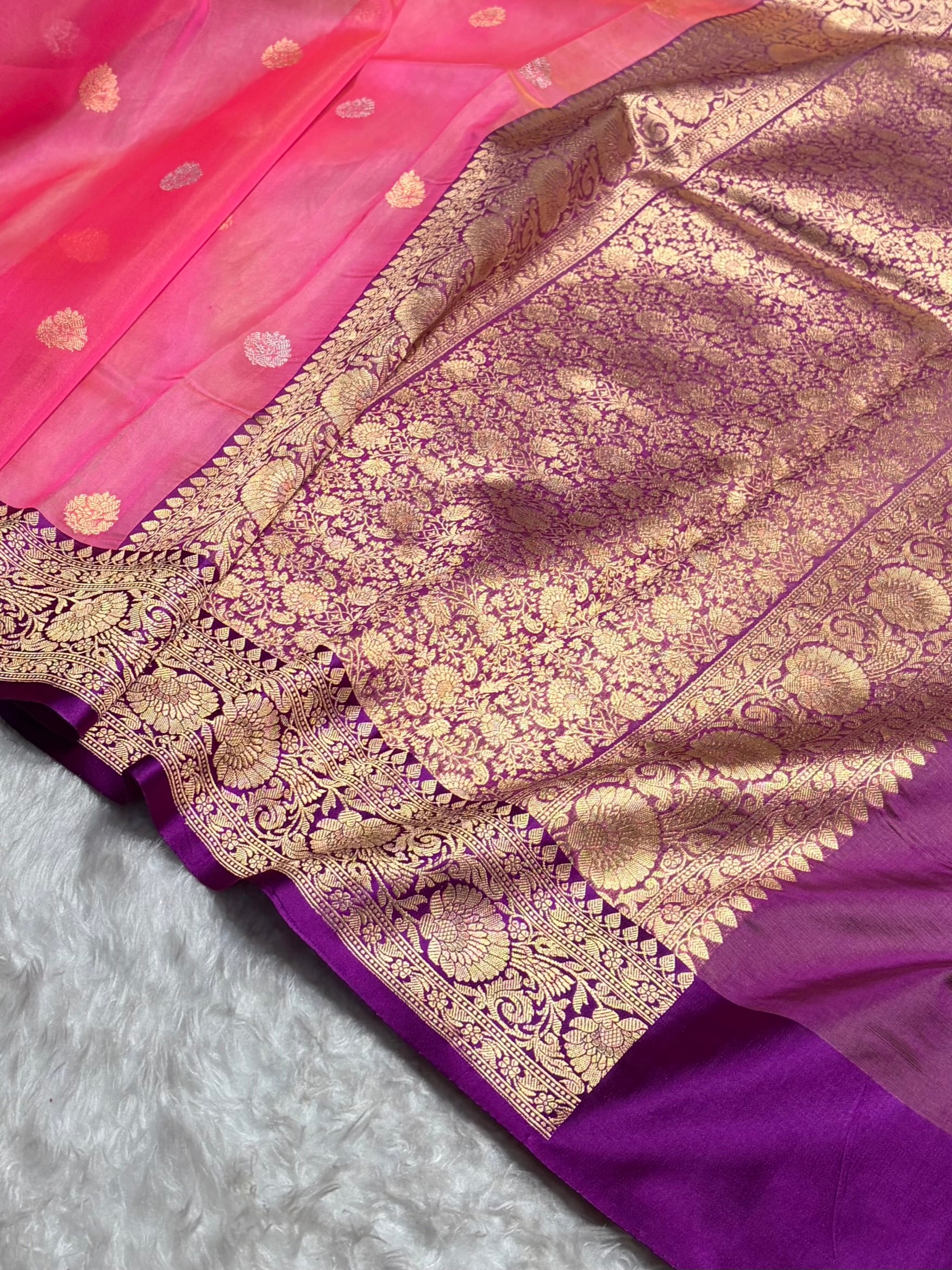 Contrast Pure Banarasi Organza Baby Pink With Wine Floral Banarasi Silk Saree PO-11