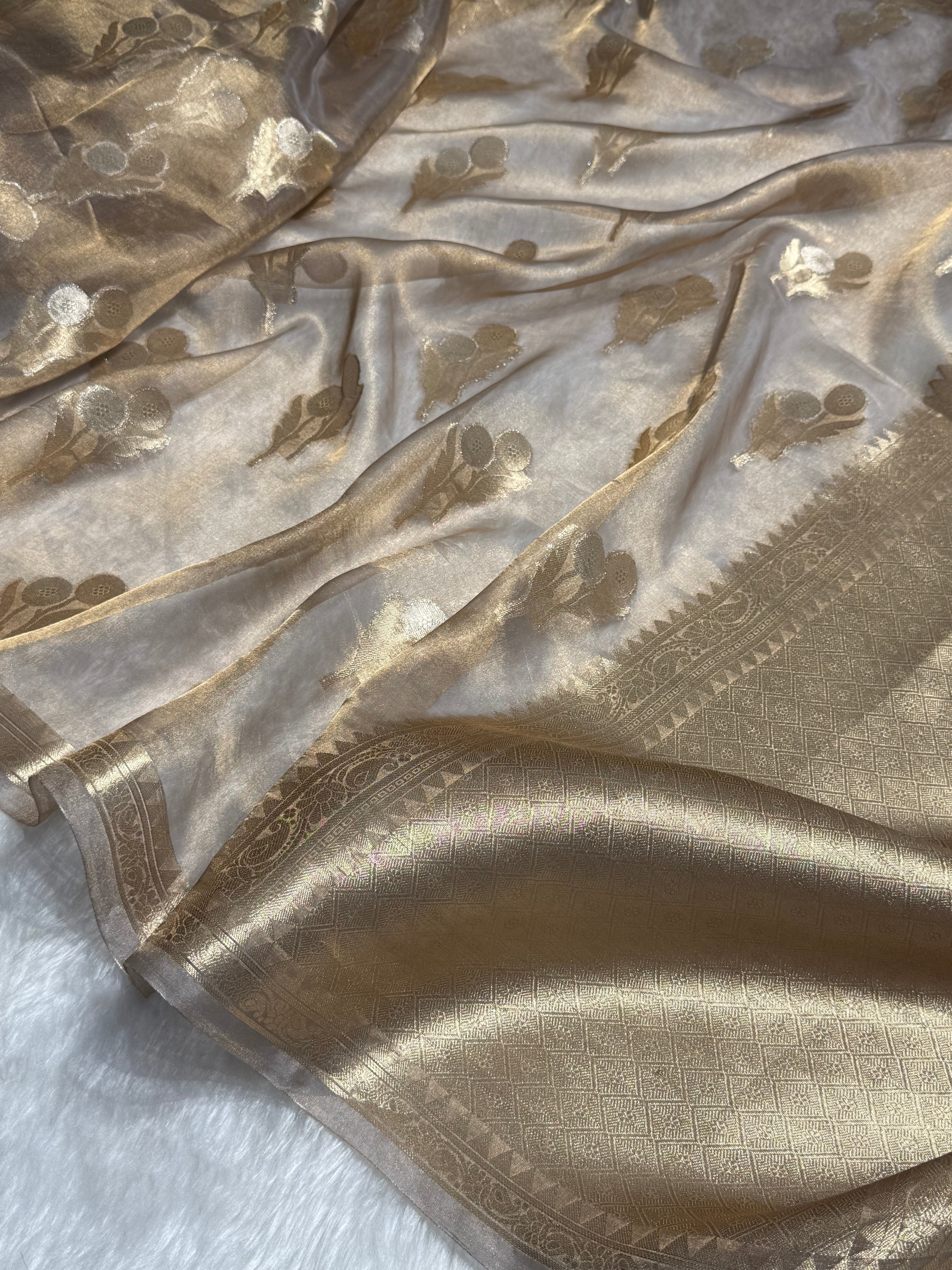 Tussar Gray floral Shades Pure Tissue Silk Saree with Brocade Blouse PT-22