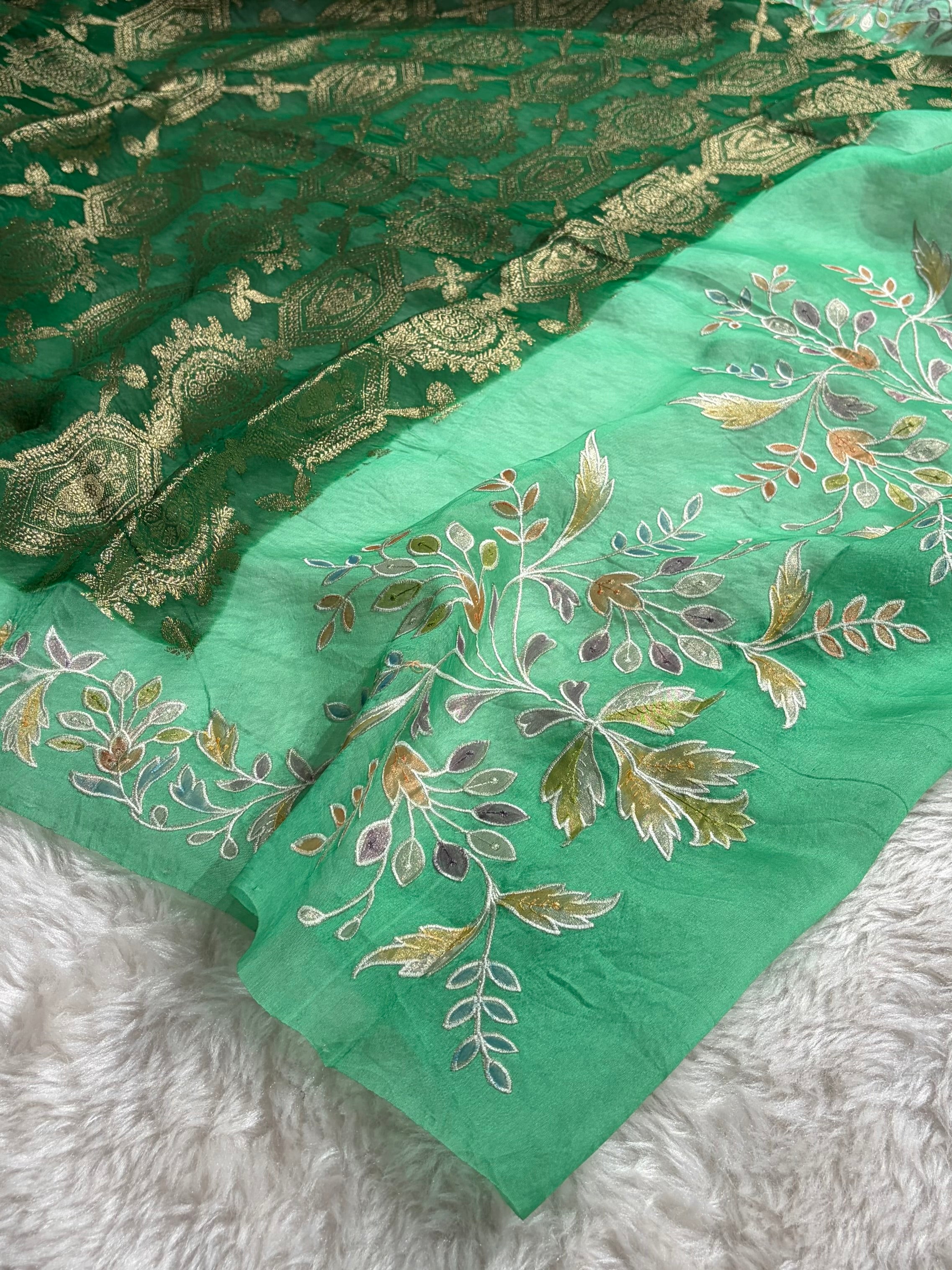 Banarasi Pure Organza Contrast Bottle Green With Sea Green Shades Banarasi Silk Saree PO-41