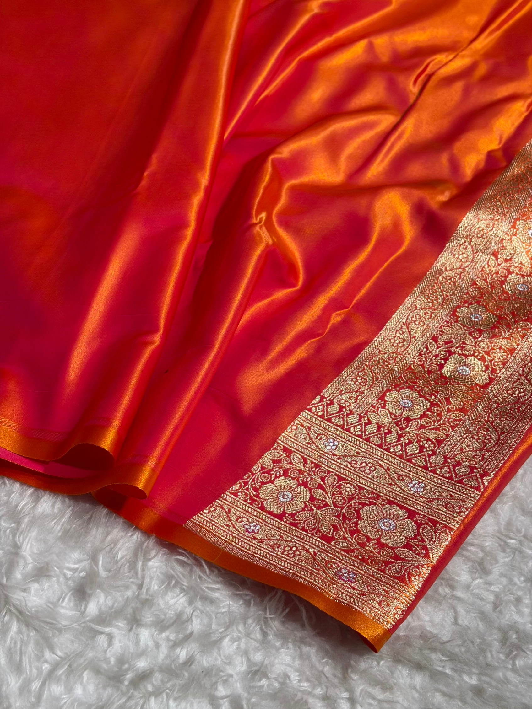 Pinkish Orange Shades Minakari Boota Pattern Banarasi Satin Silk Saree SS44
