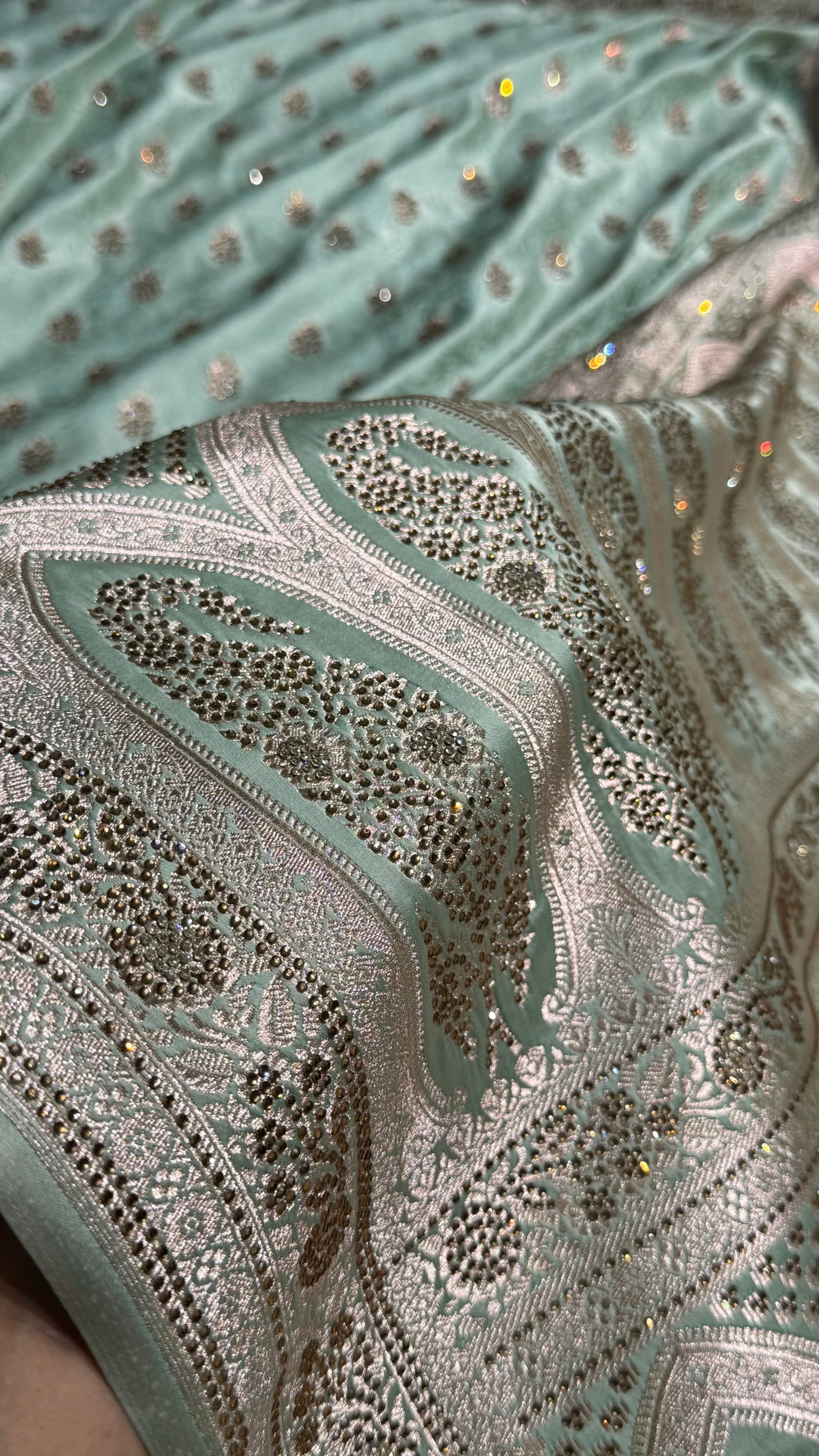 Sea Green Shades Tanchoi Motif With Swarovski Work Mashru Silk Saree BMST-10