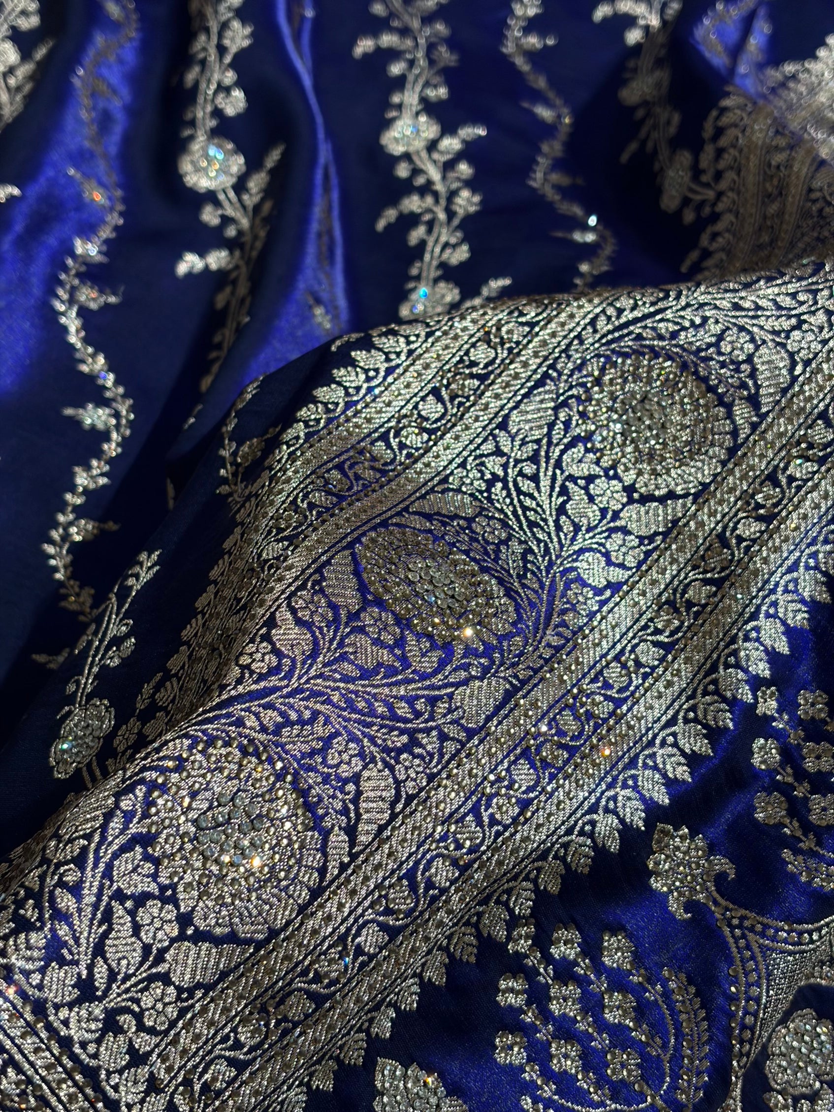 Satin Silk Cross Pattern With Swarovski Work in Royal Blue Shades BSS37