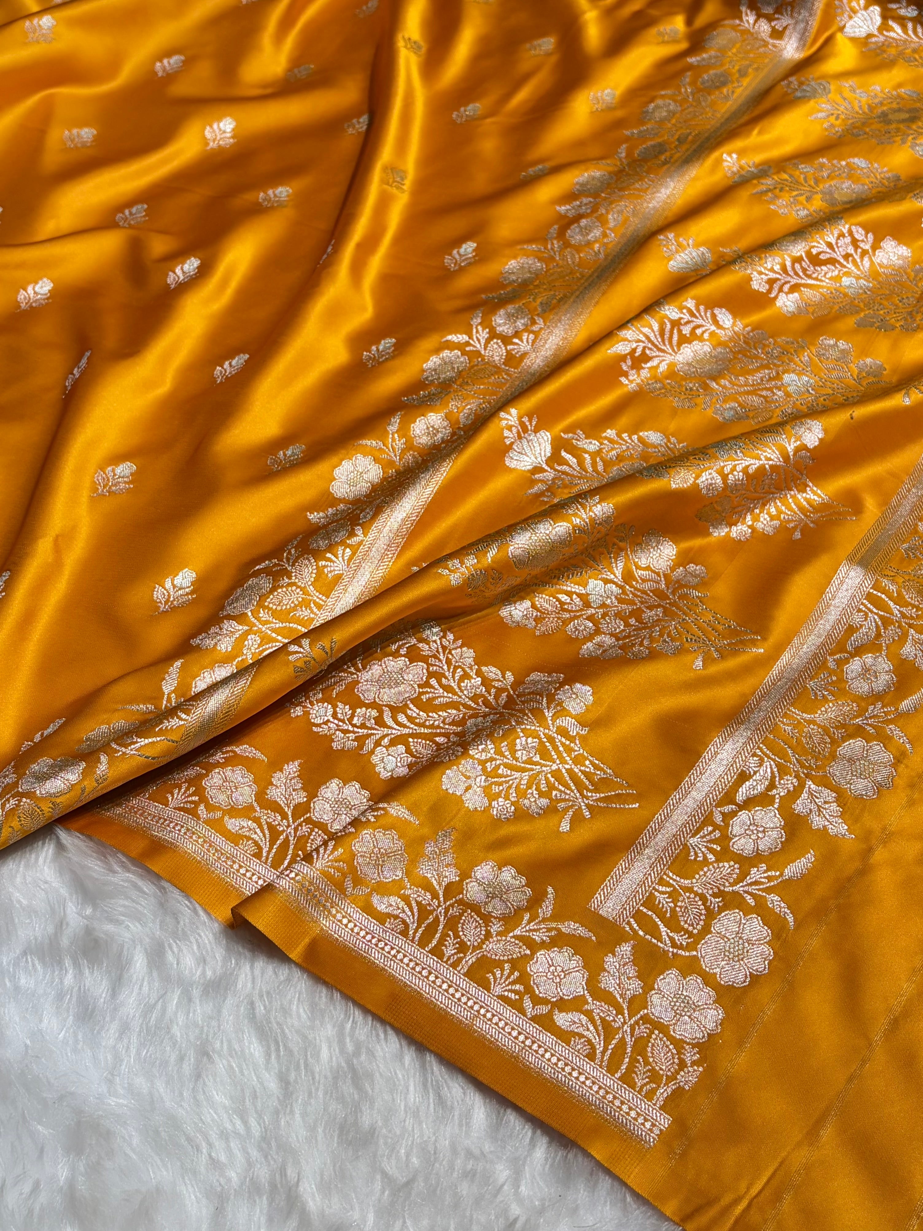 Mustard Yellow Blue Boota With Floral Border Mashru Silk Saree MSM-85