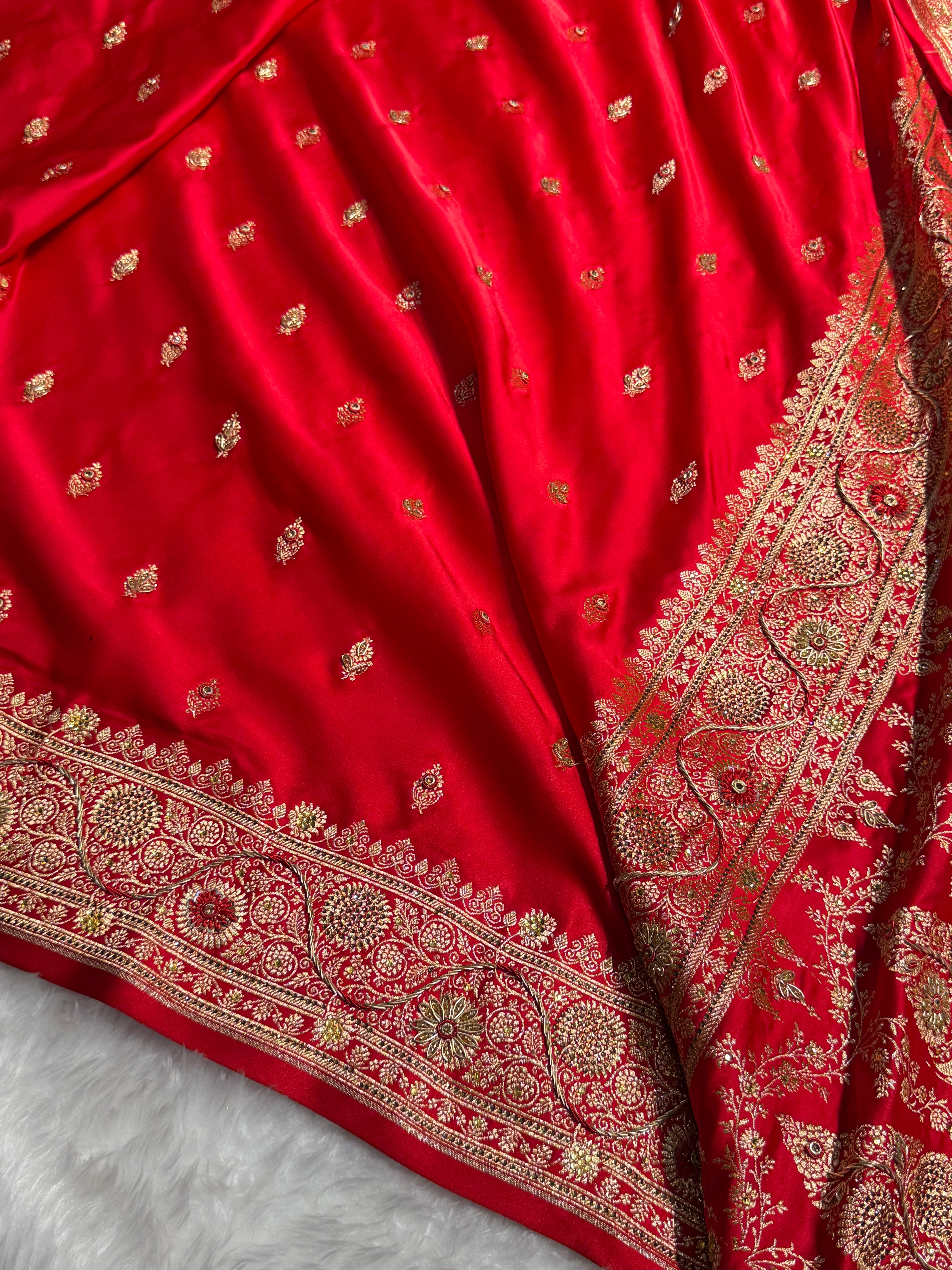 Banarasi Bridal Red Work Pattern Satin Katan Silk Saree BSK82