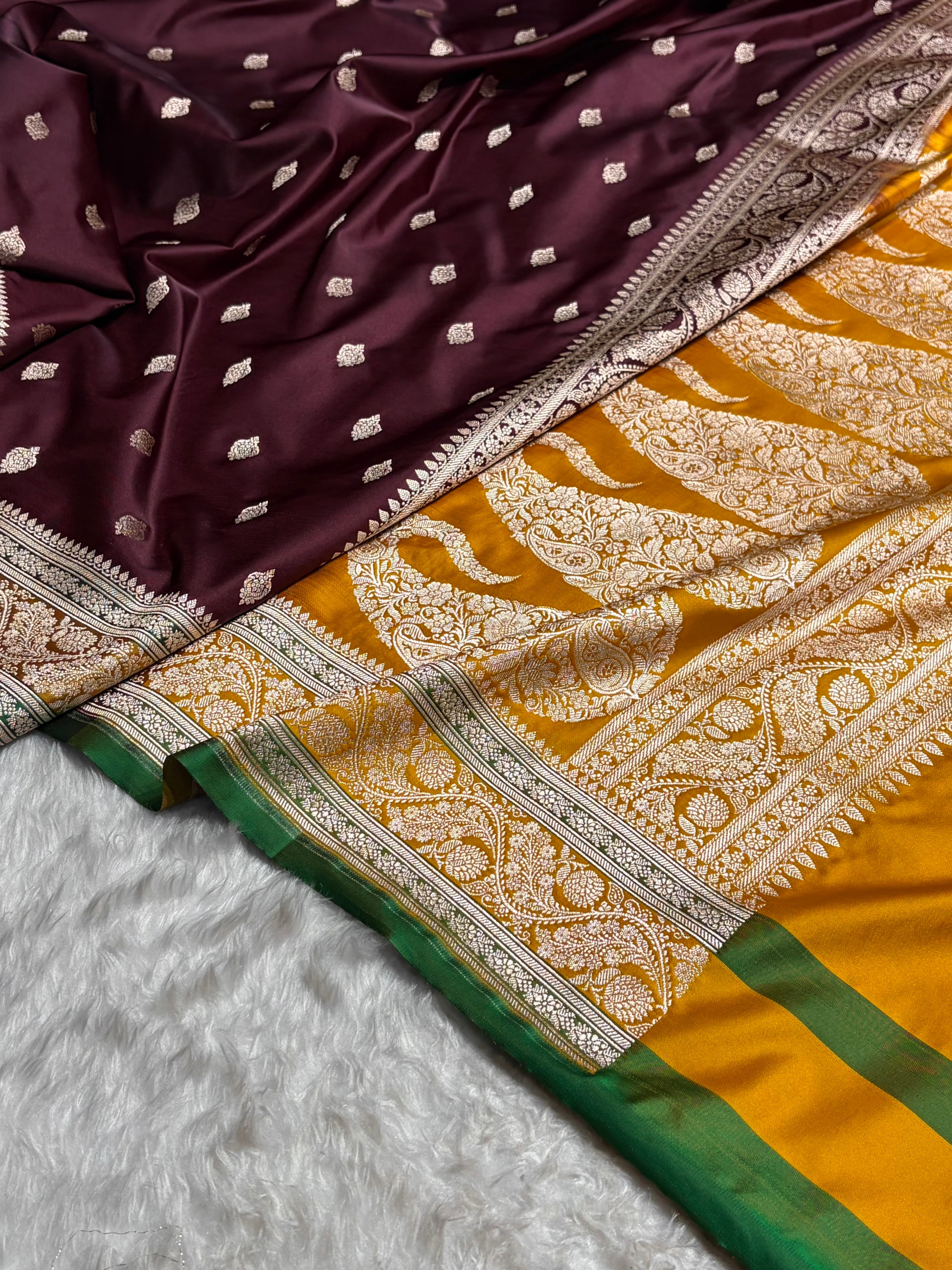 Banarasi Garnet With Contrast Mustard Floral Border Mashru Silk Saree MSM-101