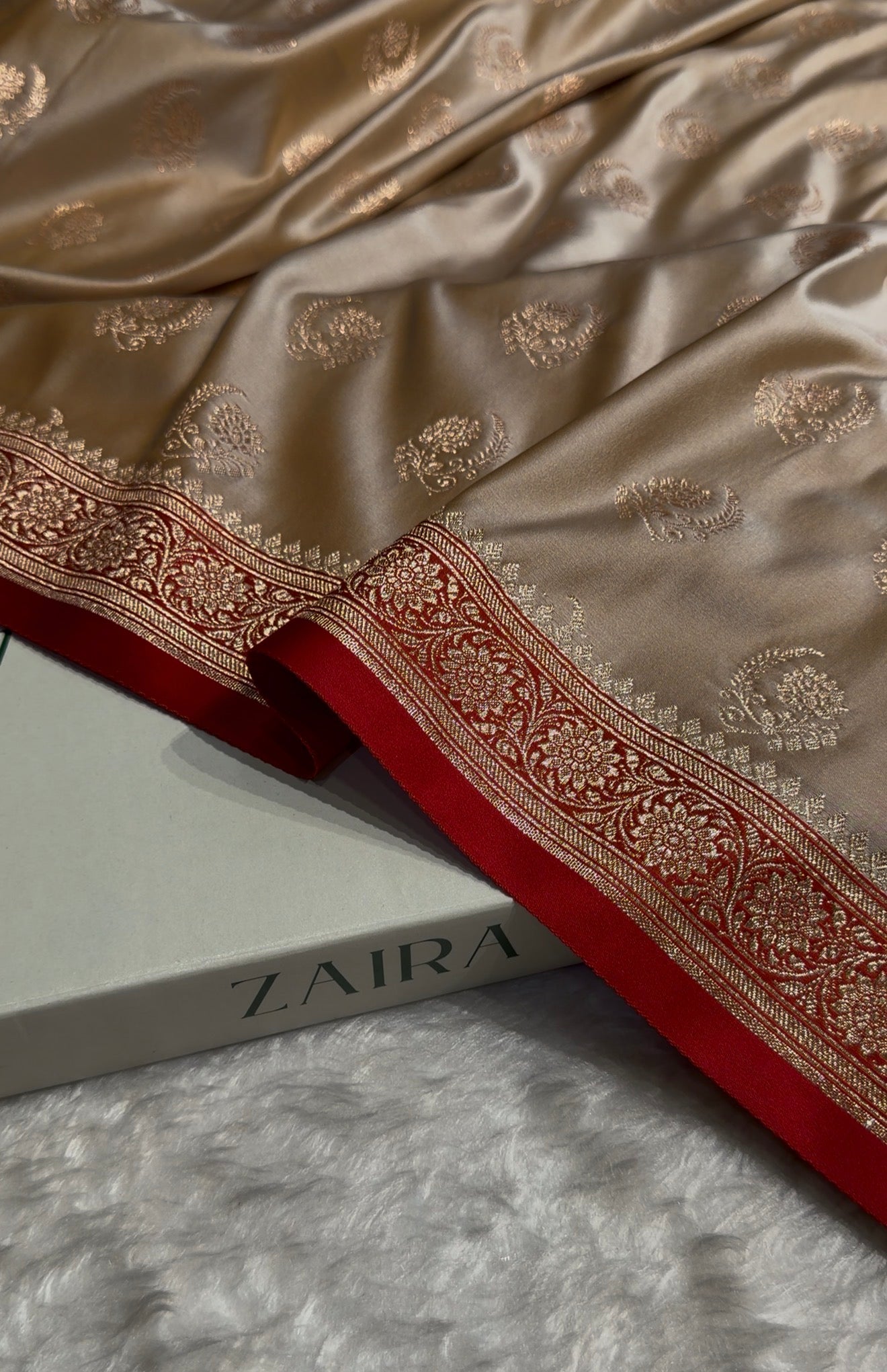 Tusser with Red Floral Boota Satin Katan Silk saree SK27