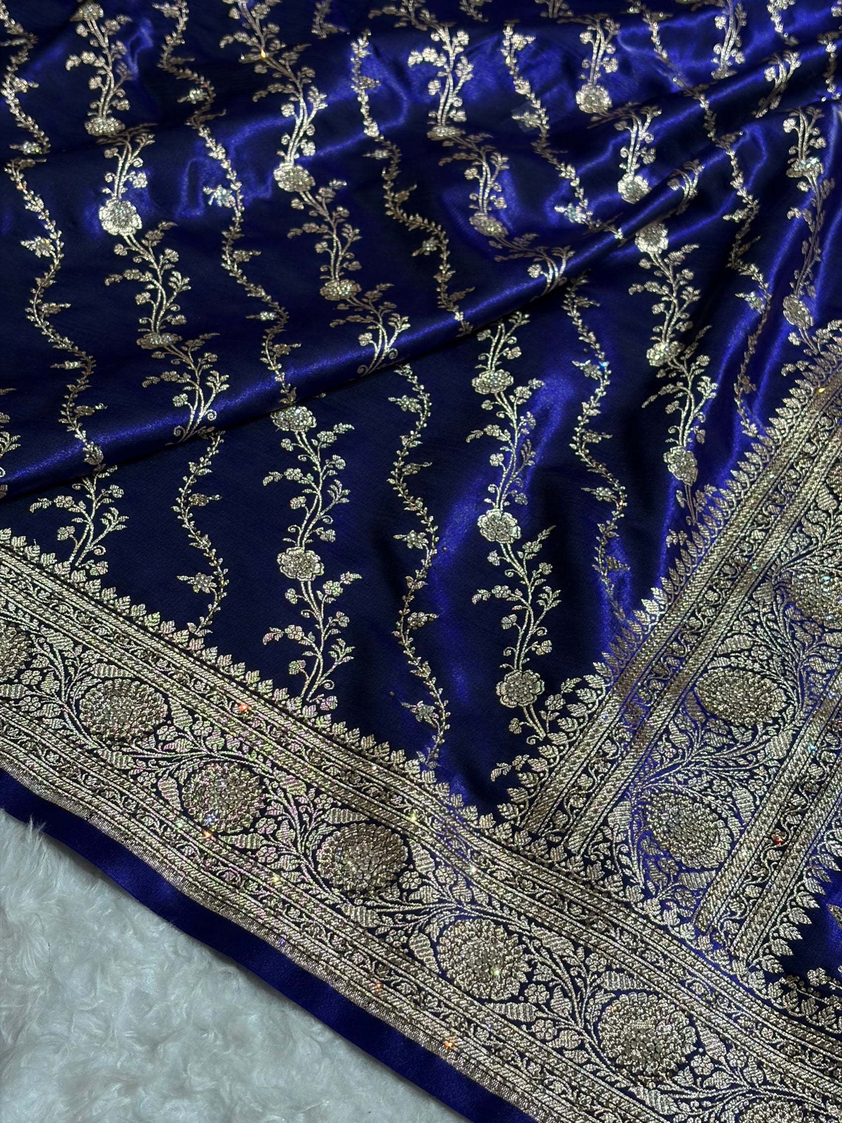 Satin Silk Cross Pattern With Swarovski Work in Royal Blue Shades BSS37
