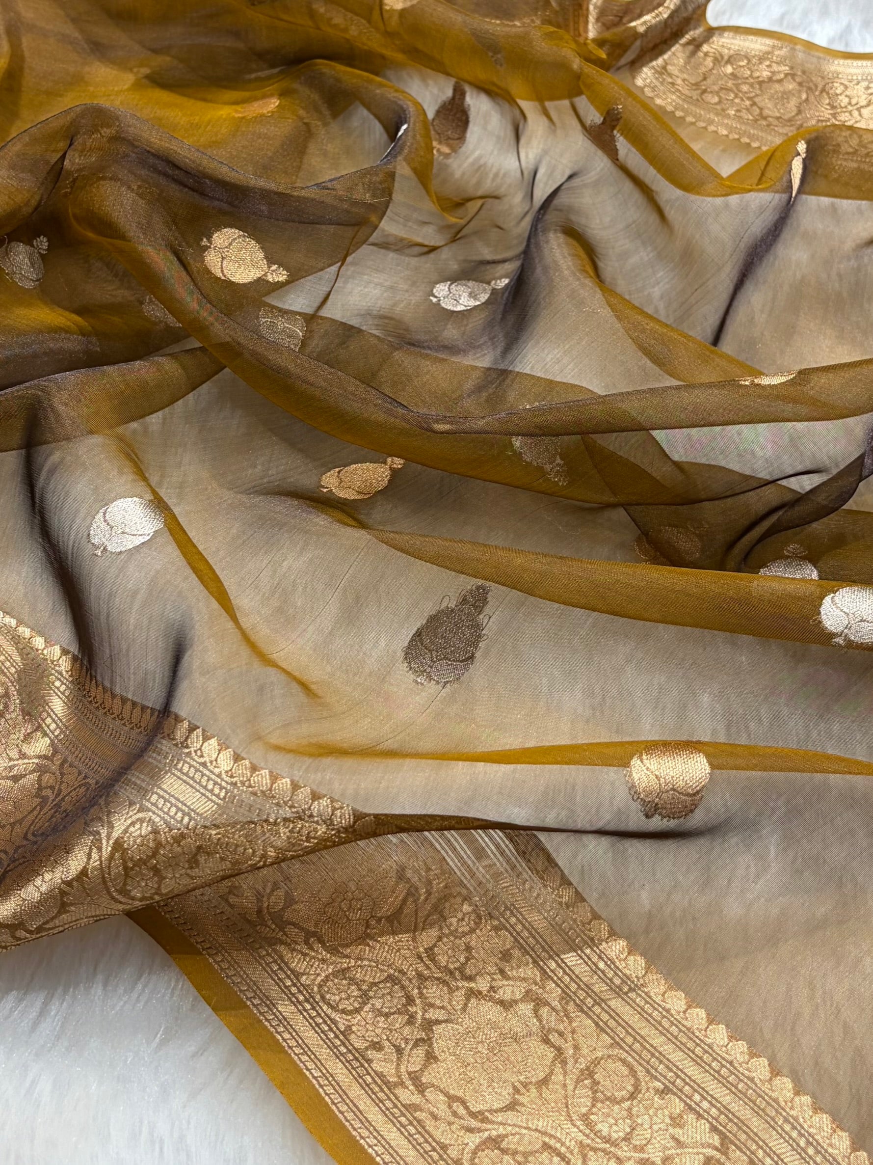 Dark Mustard Bananasi Floral Shades Pure Tissue Silk Saree PT-38