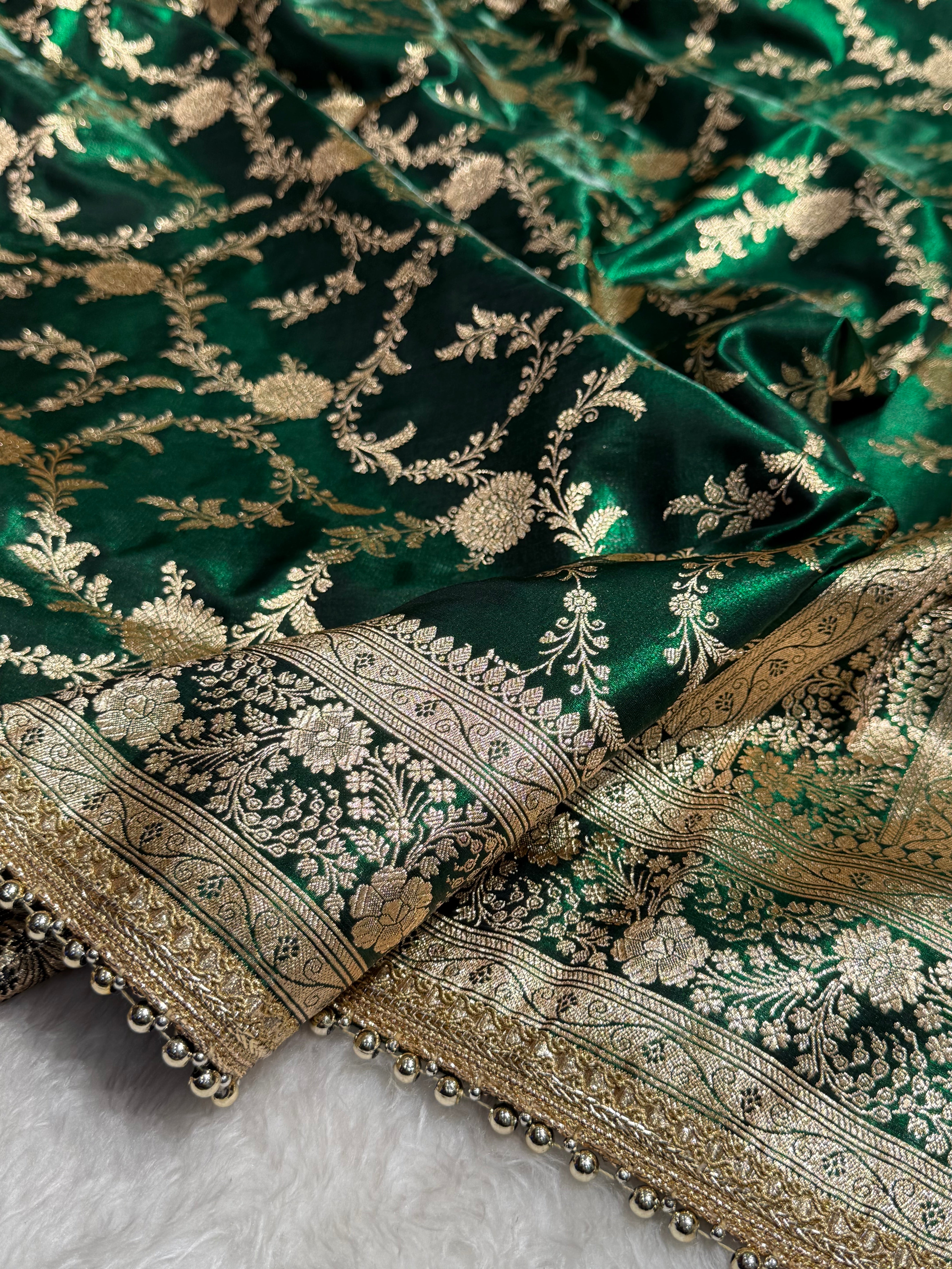 Bottle Green Banarasi Jaal Satin Silk Saree with gotta patti SSGP14