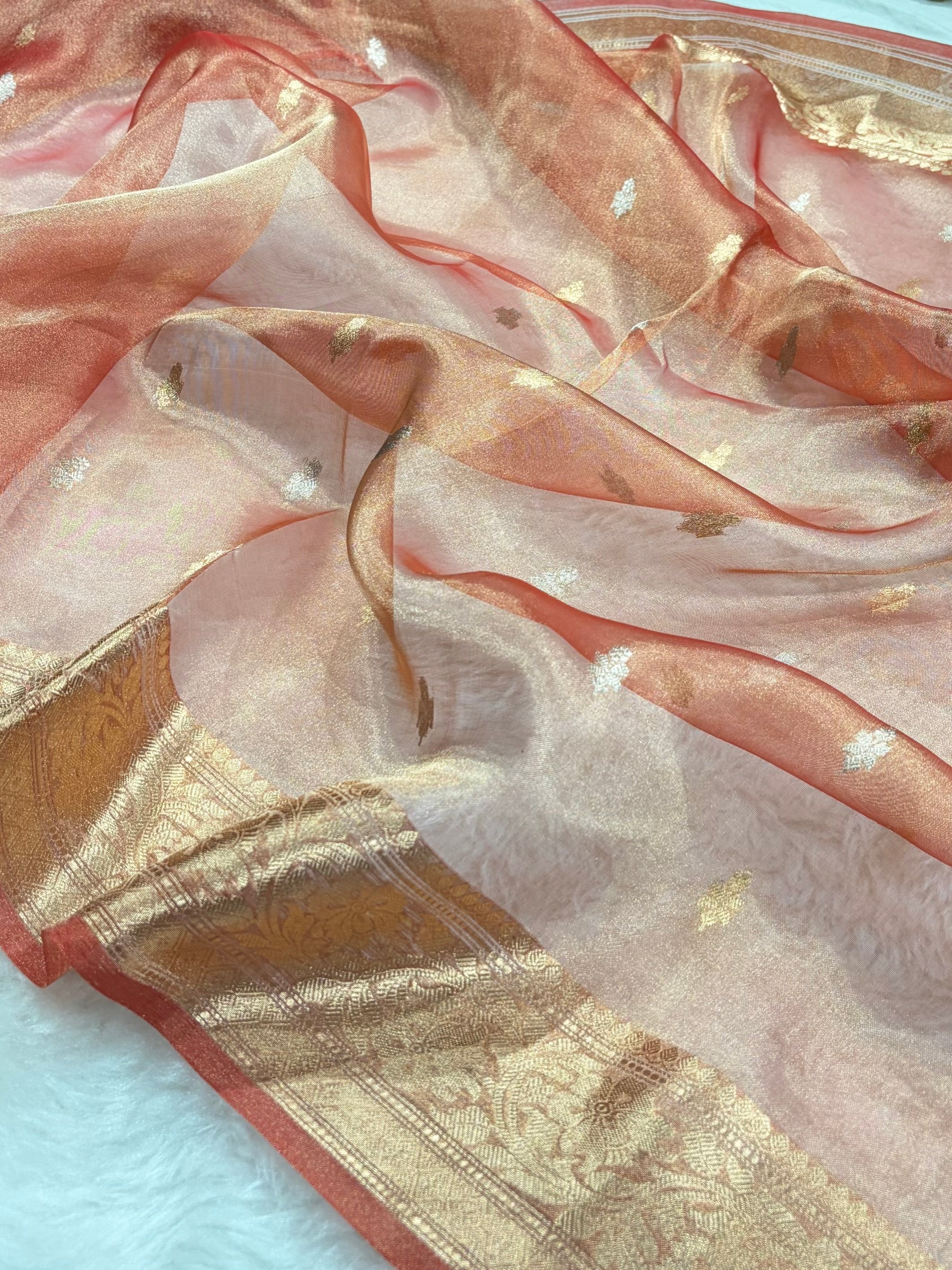 Peach Shades Bananasi Floral Shades Pure Tissue Silk Saree PT-58