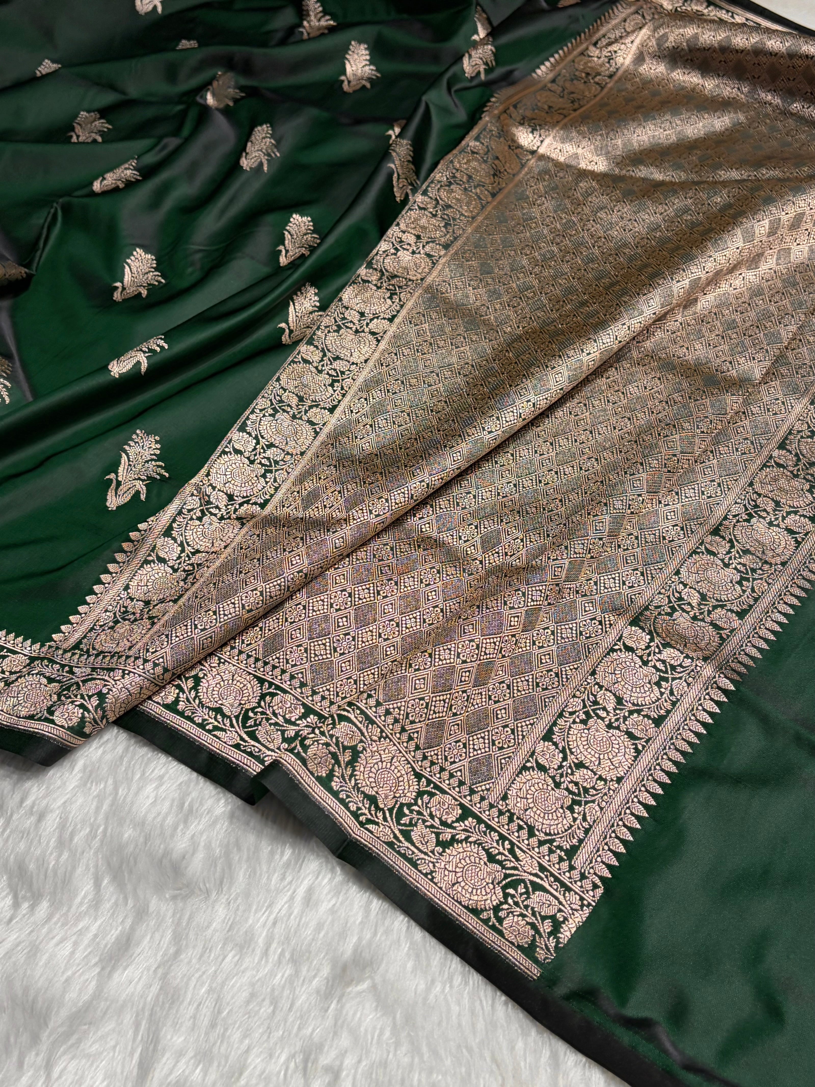 Dark Bottle Green Boota With Floral Border Mashru Silk Saree MSM-89