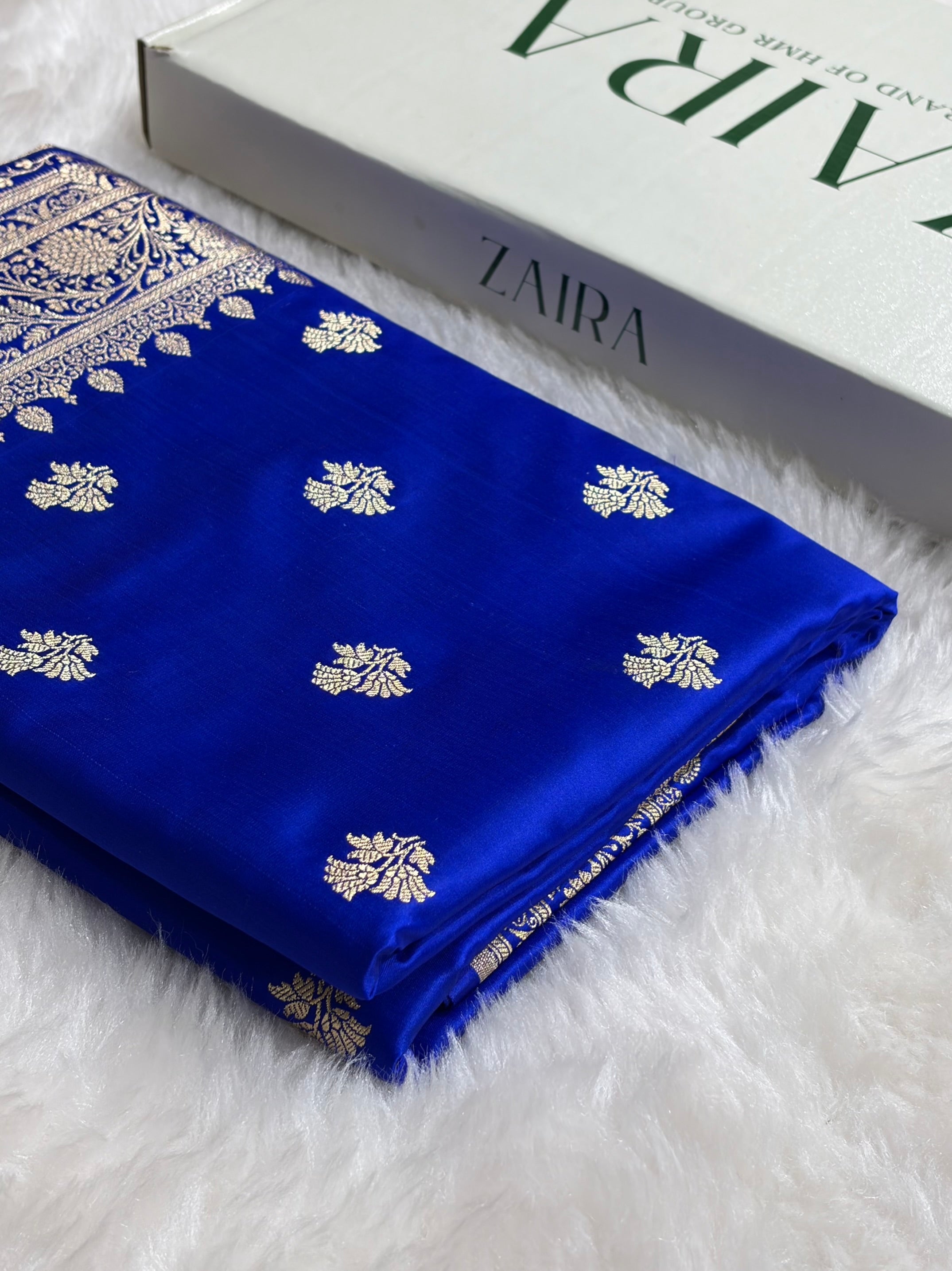 Banarasi Royal Blue Shades Floral Boota Satin Katan Silk saree SK32