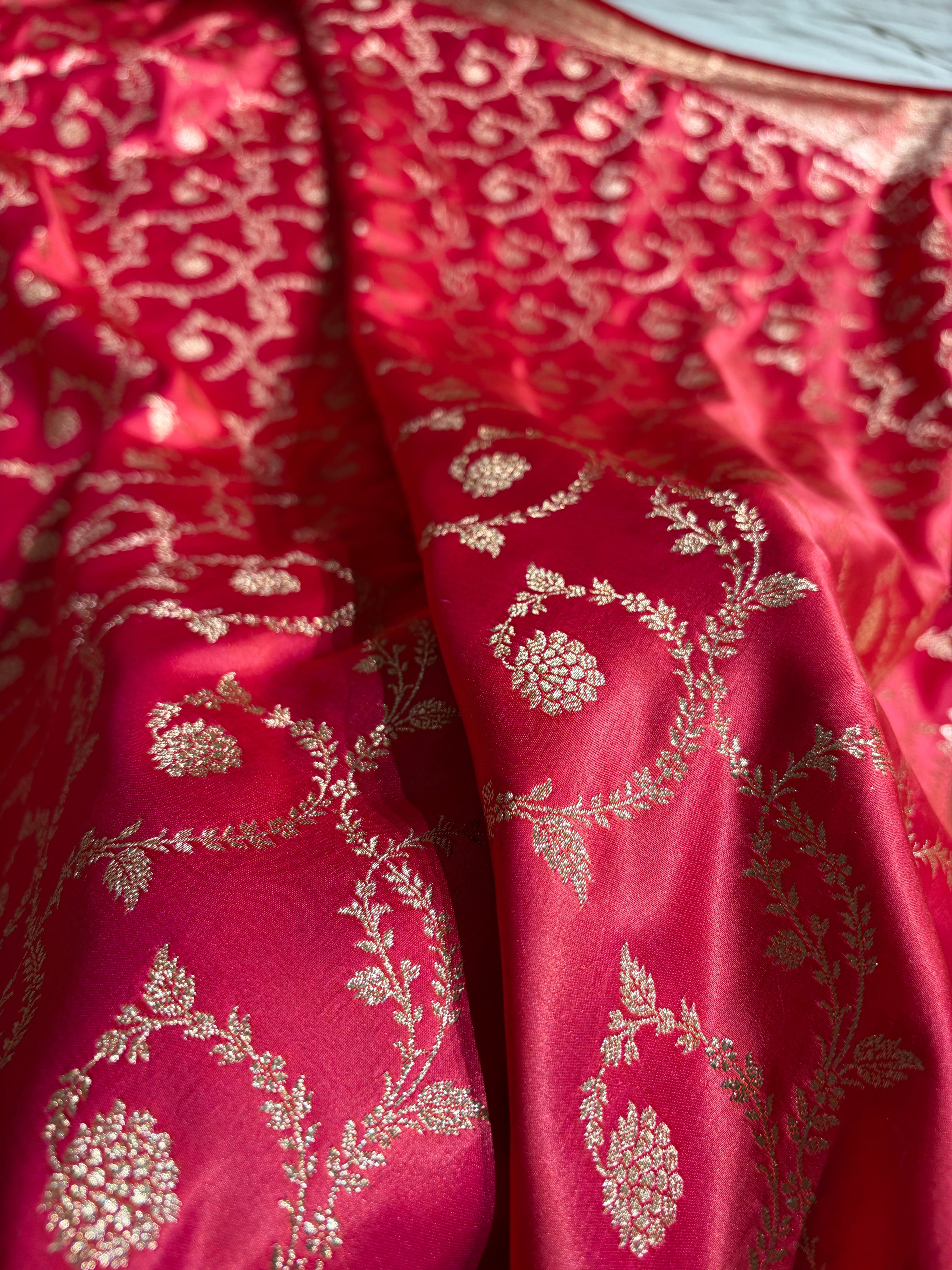 Cross Peach Shades Floral Jaal Pattern Satin Katan Silk saree SK55