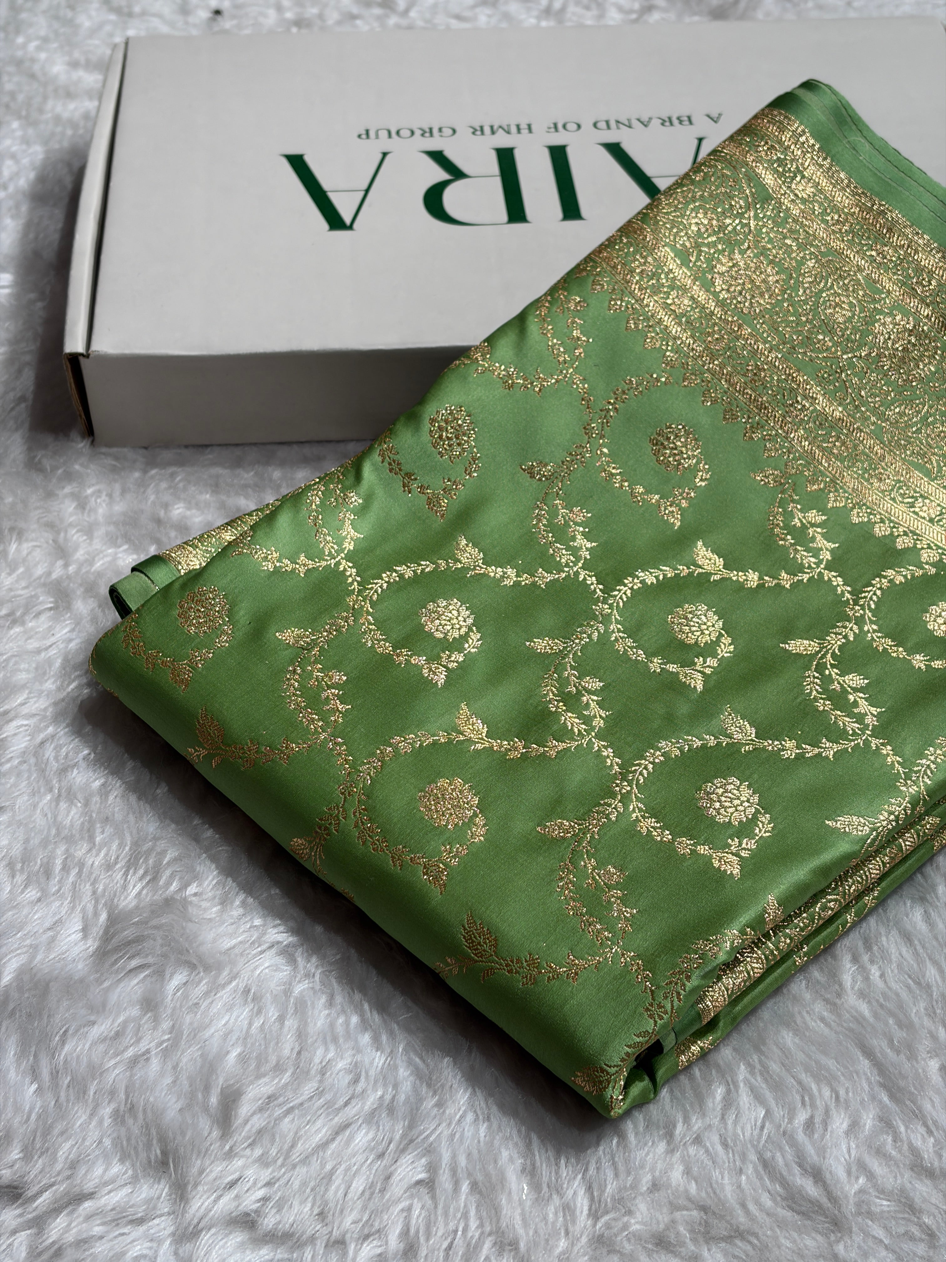 Pista Green Shades Floral Jaal Pattern Satin Katan Silk saree SK55