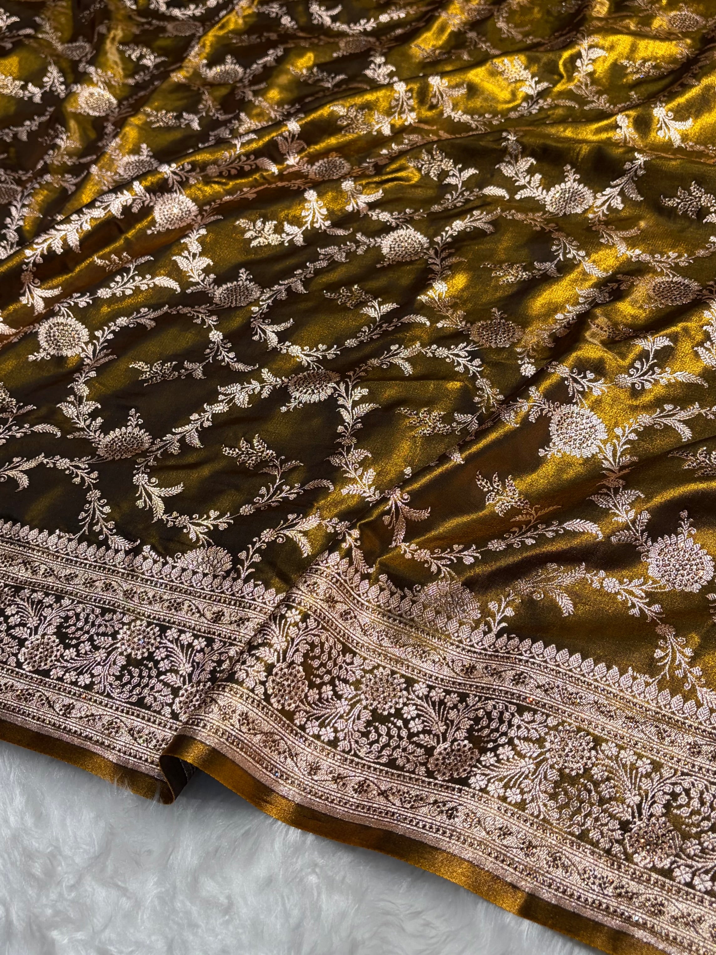 Light Weight Mehendi Satin Silk Saree with Swarovski work BSS14