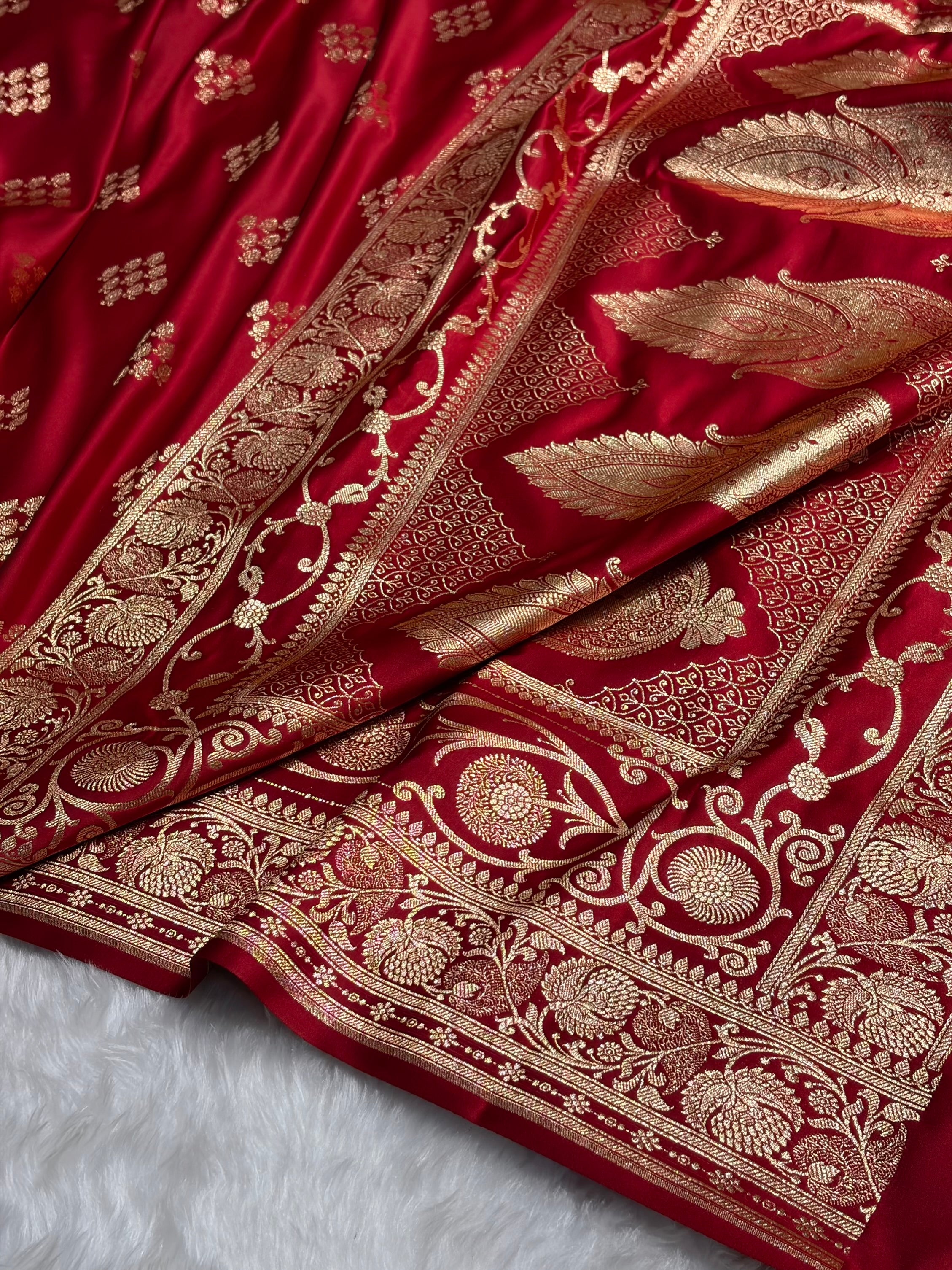 Red Floral Boota Satin Katan Silk saree SK34