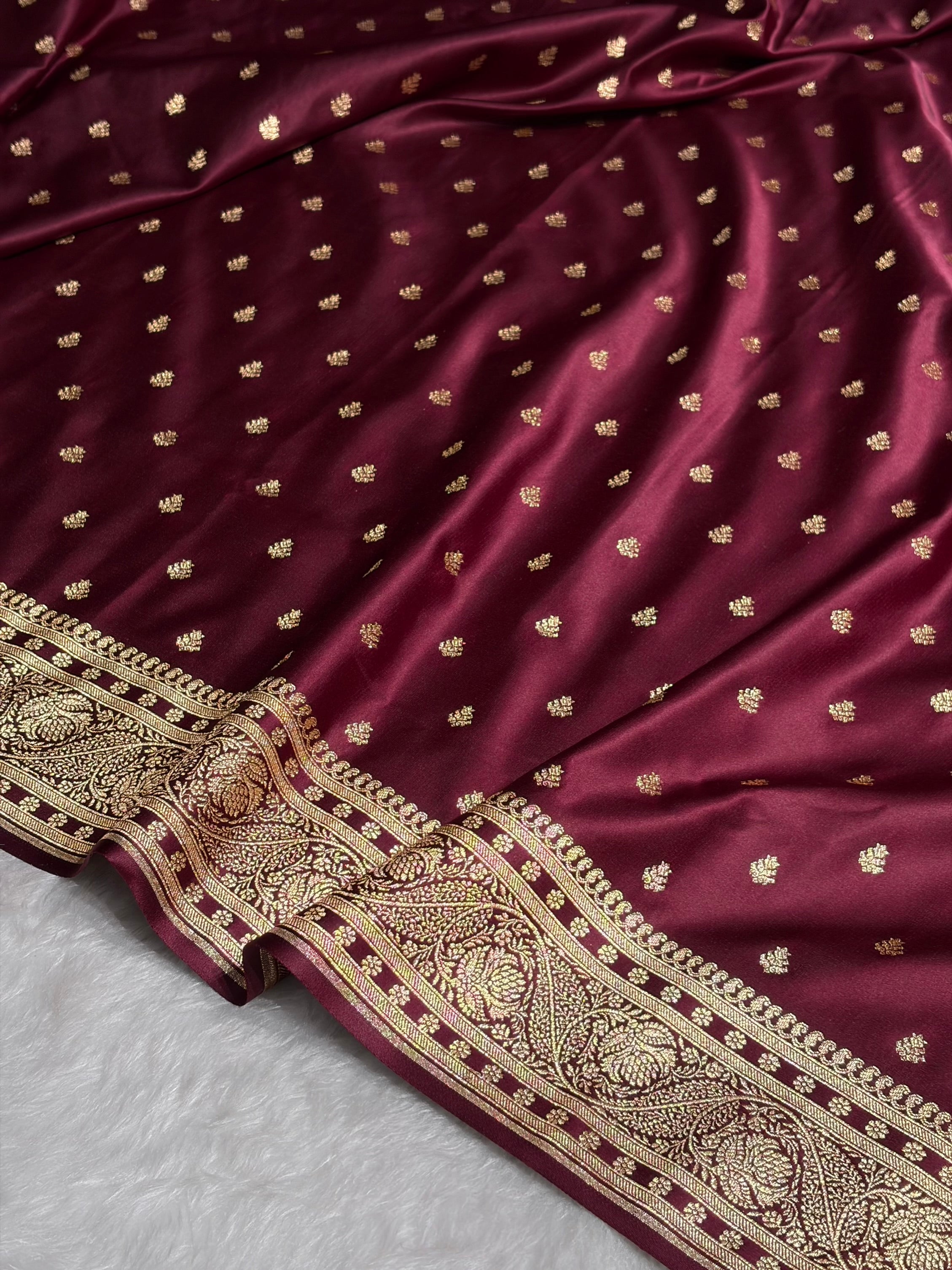 Garnet Floral Pattern Satin Katan Silk Saree SK78