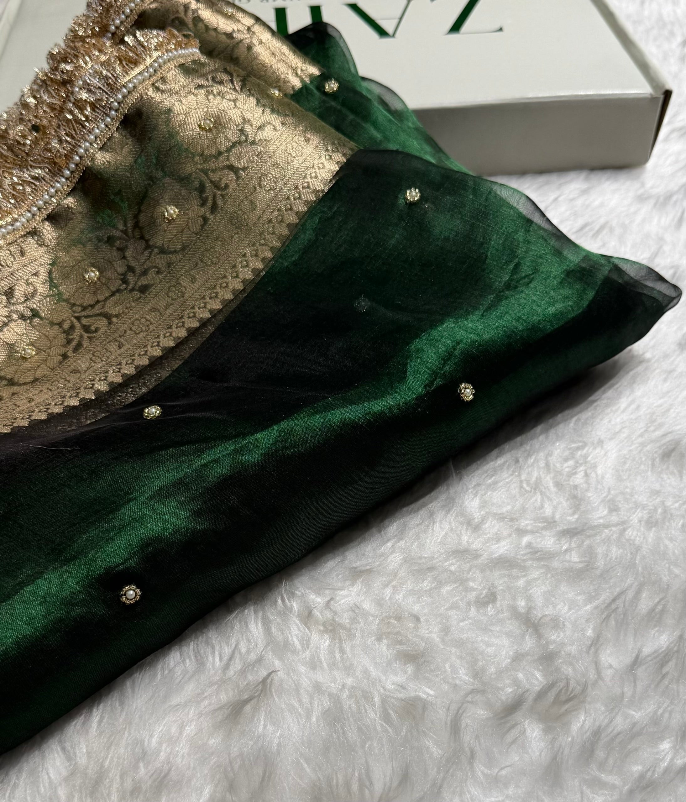 Bottle Green Shade Pure Tissue Silk Saree with Gota Patti PTGP-17