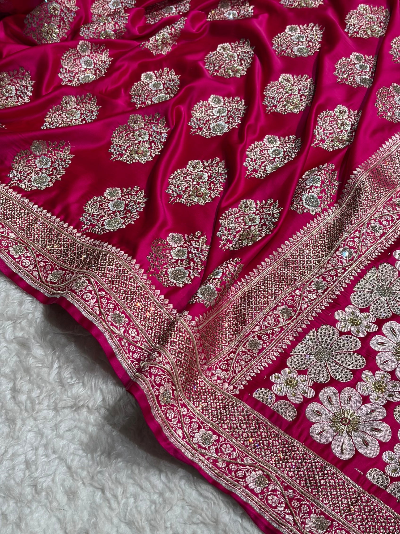 Premium Birdal Banarasi Satin Katan Saree With Swarovski Ari & Zardozi Work Minakari Boota in Rani Shades BSK93