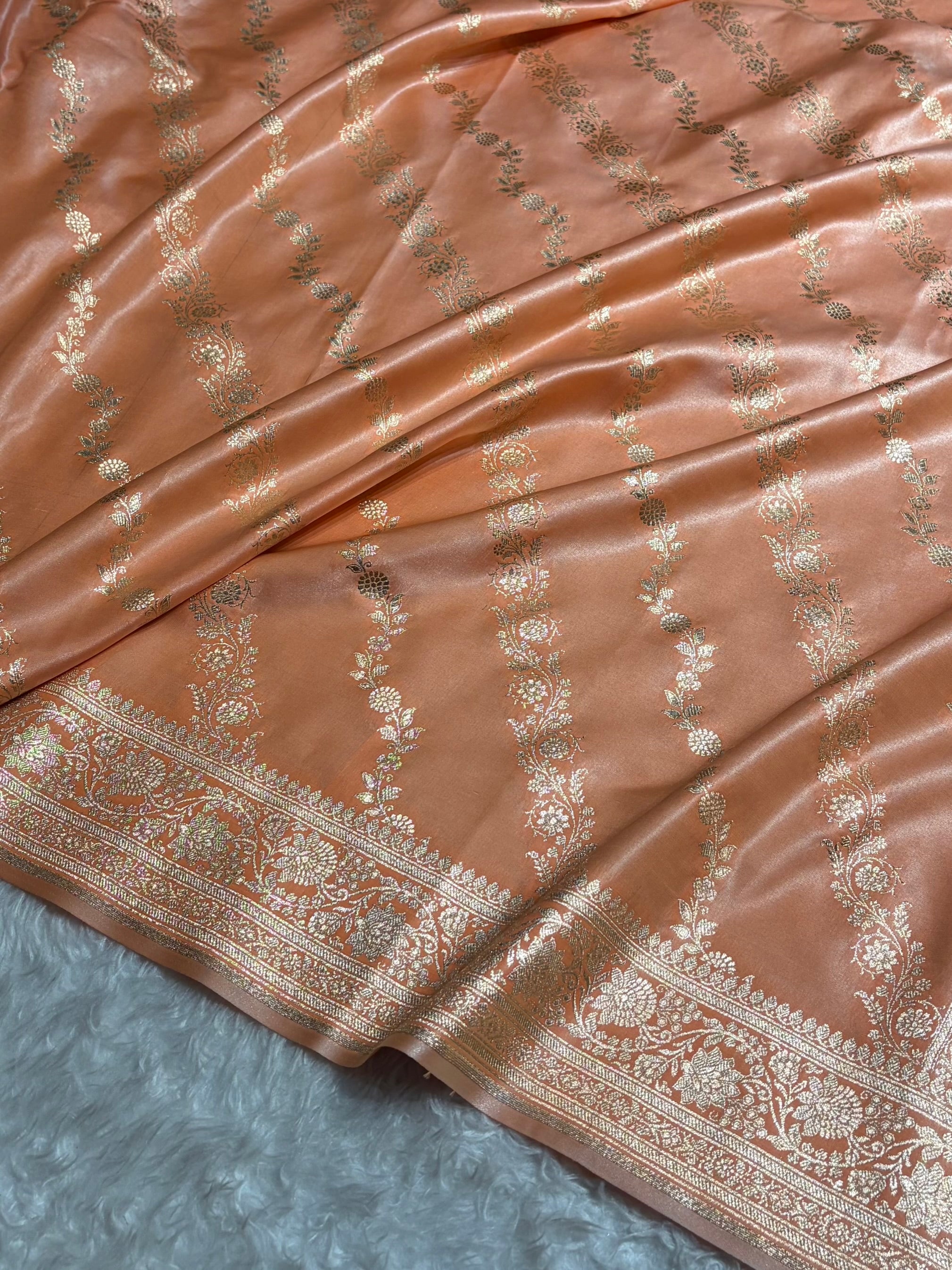 Banarasi Light Weight Satin Silk Peach Cross Pattern SS10