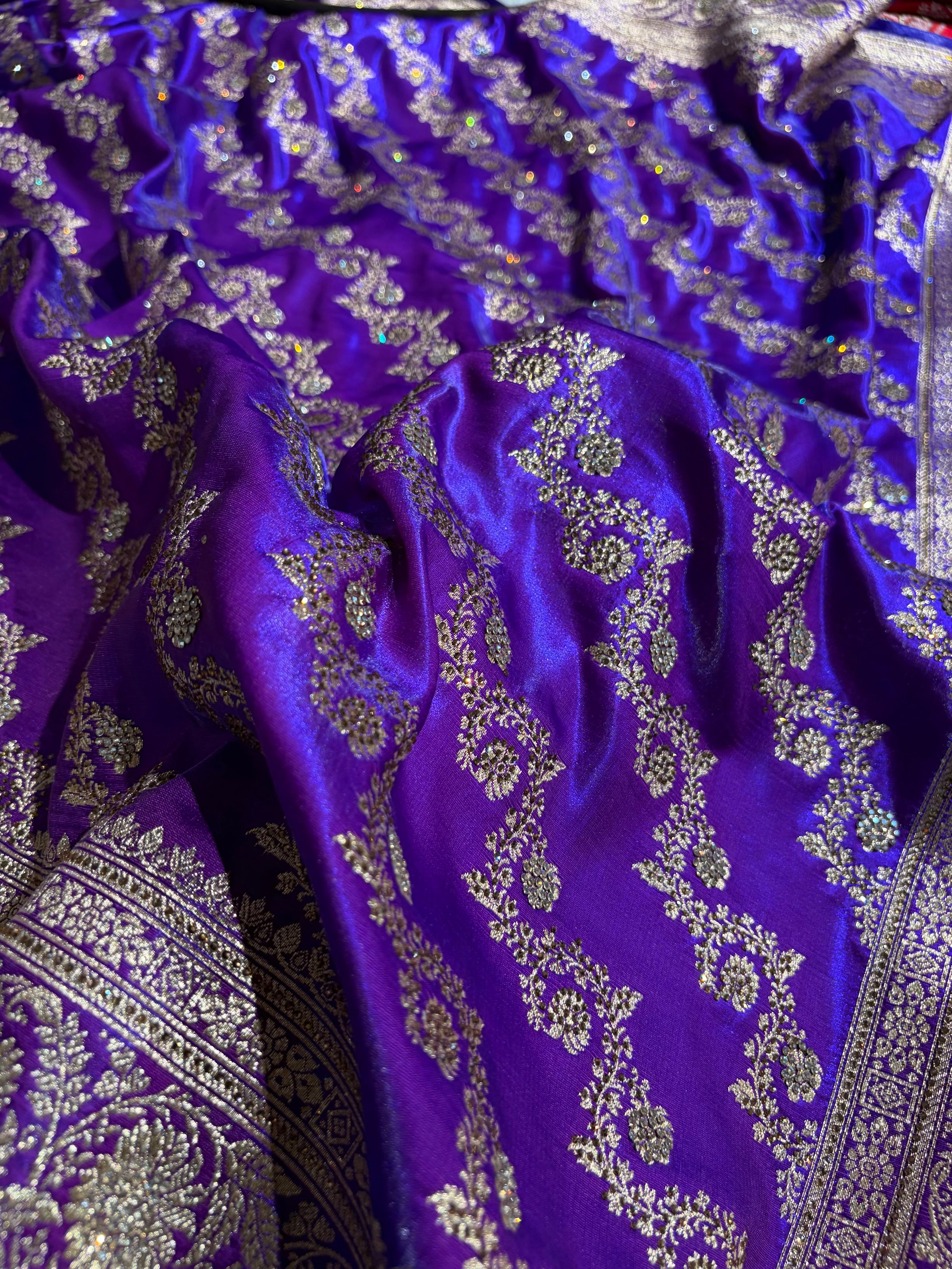 Banarasi Bridal Purple Shades With Swarovski Stone and White Stone Work Satin Silk Saree BSS32