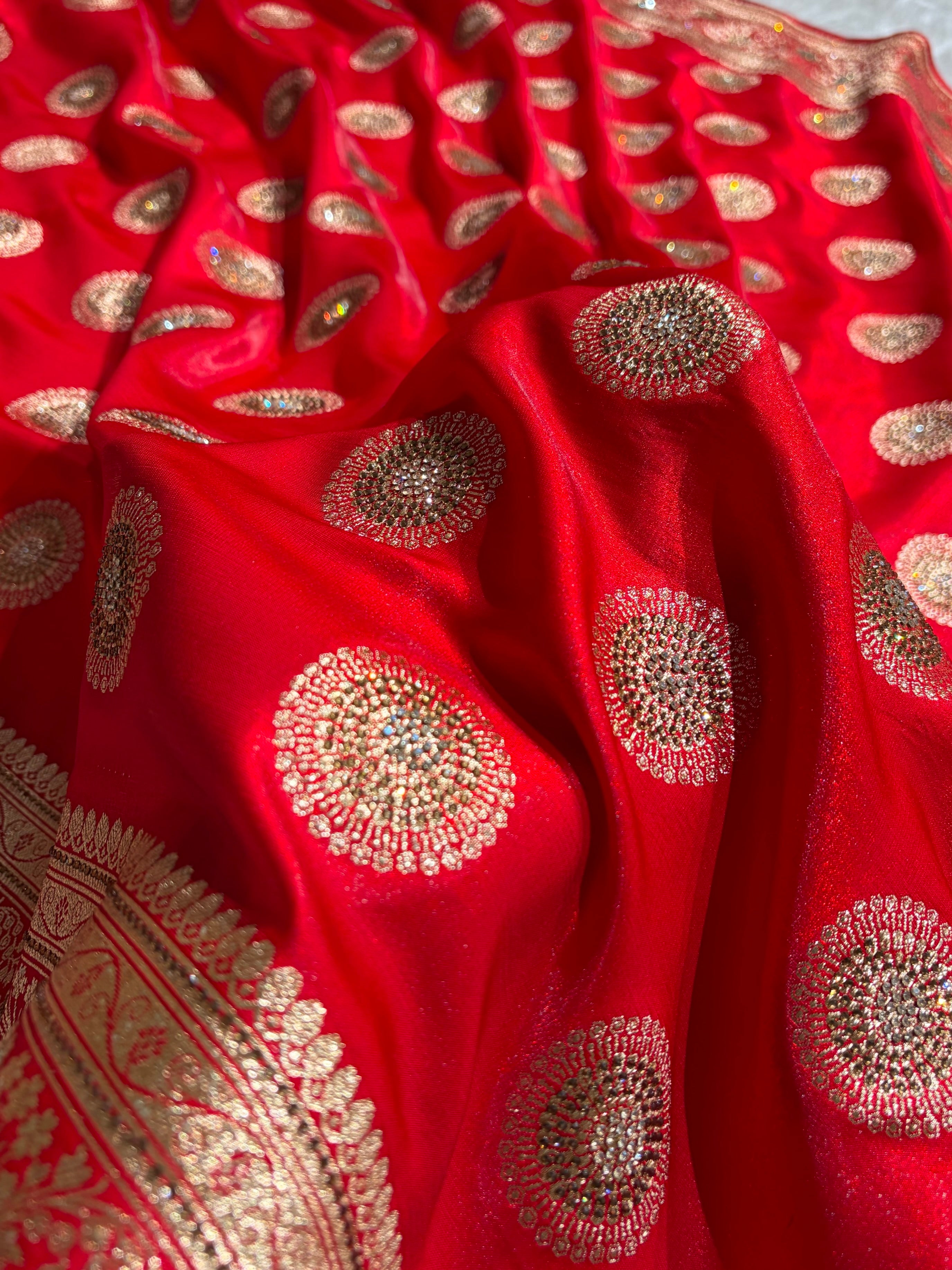Red Shades Banarasi With Swarovski Stone Work Satin Silk Saree BSS33