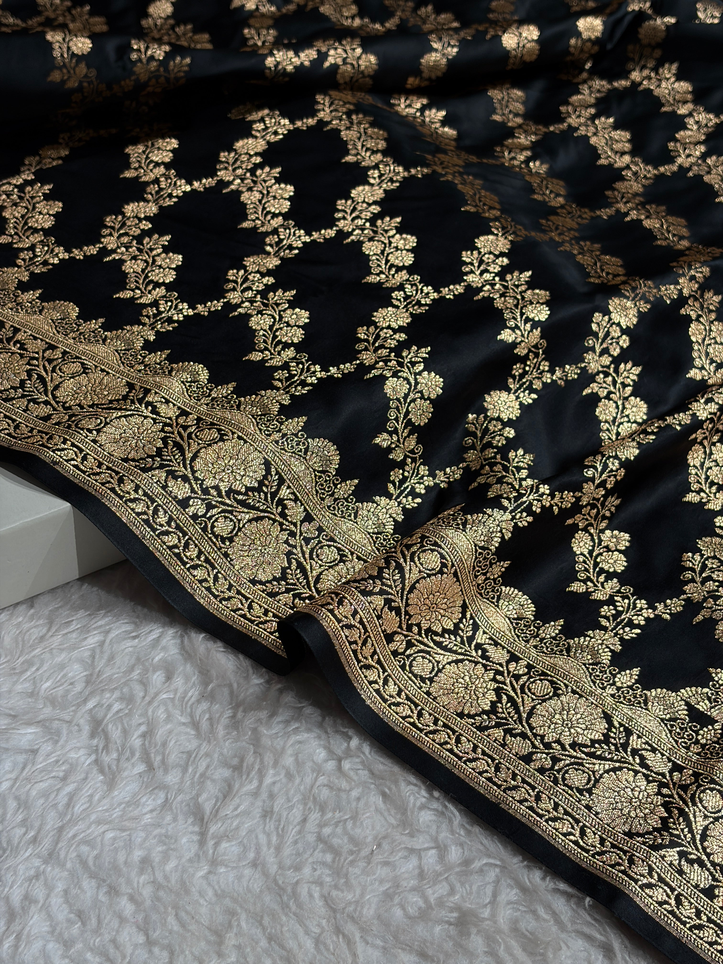 Black Floral Jaal Pattern Satin Katan Silk Saree SK43
