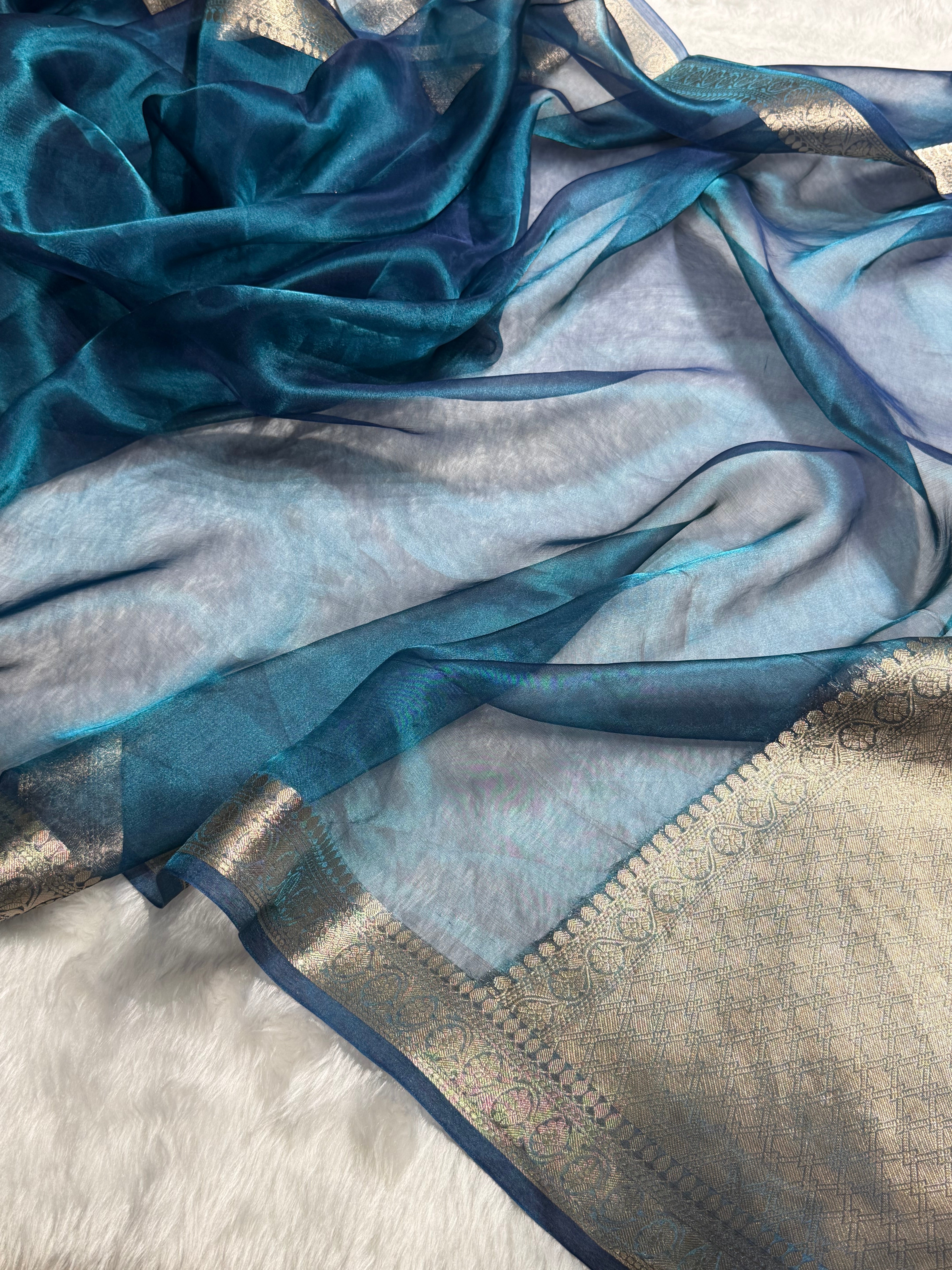 German Blue Tissue Silk Saree with Brocade Blouse PT-09