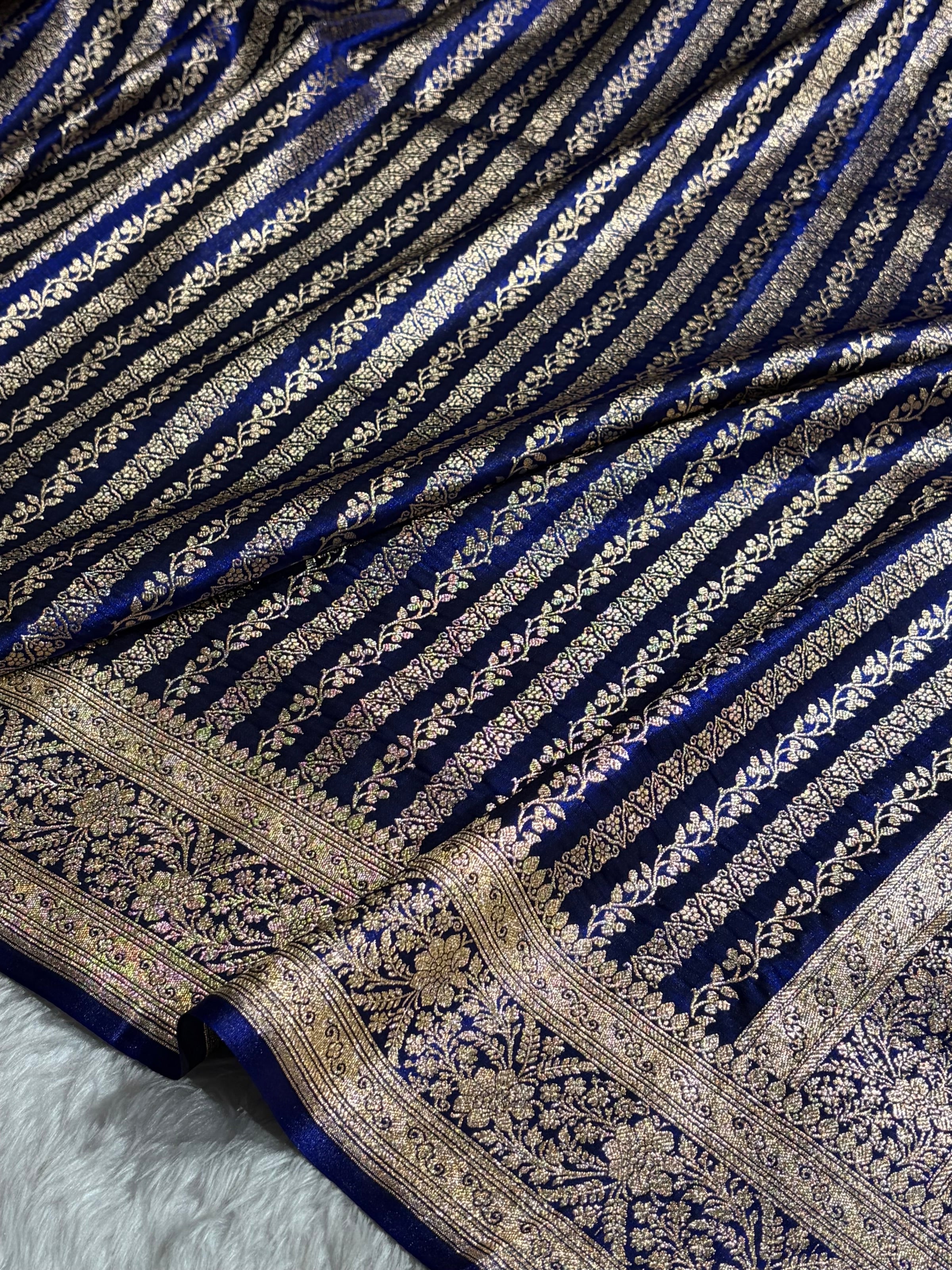 Royal Blue Shades Stripe Pattern Banarasi Satin Silk Saree SS46
