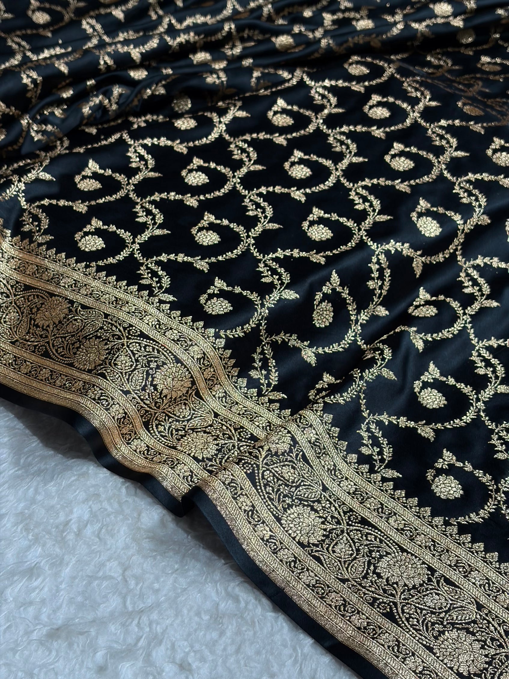 Black Floral Jaal Pattern Satin Katan Silk saree SK55