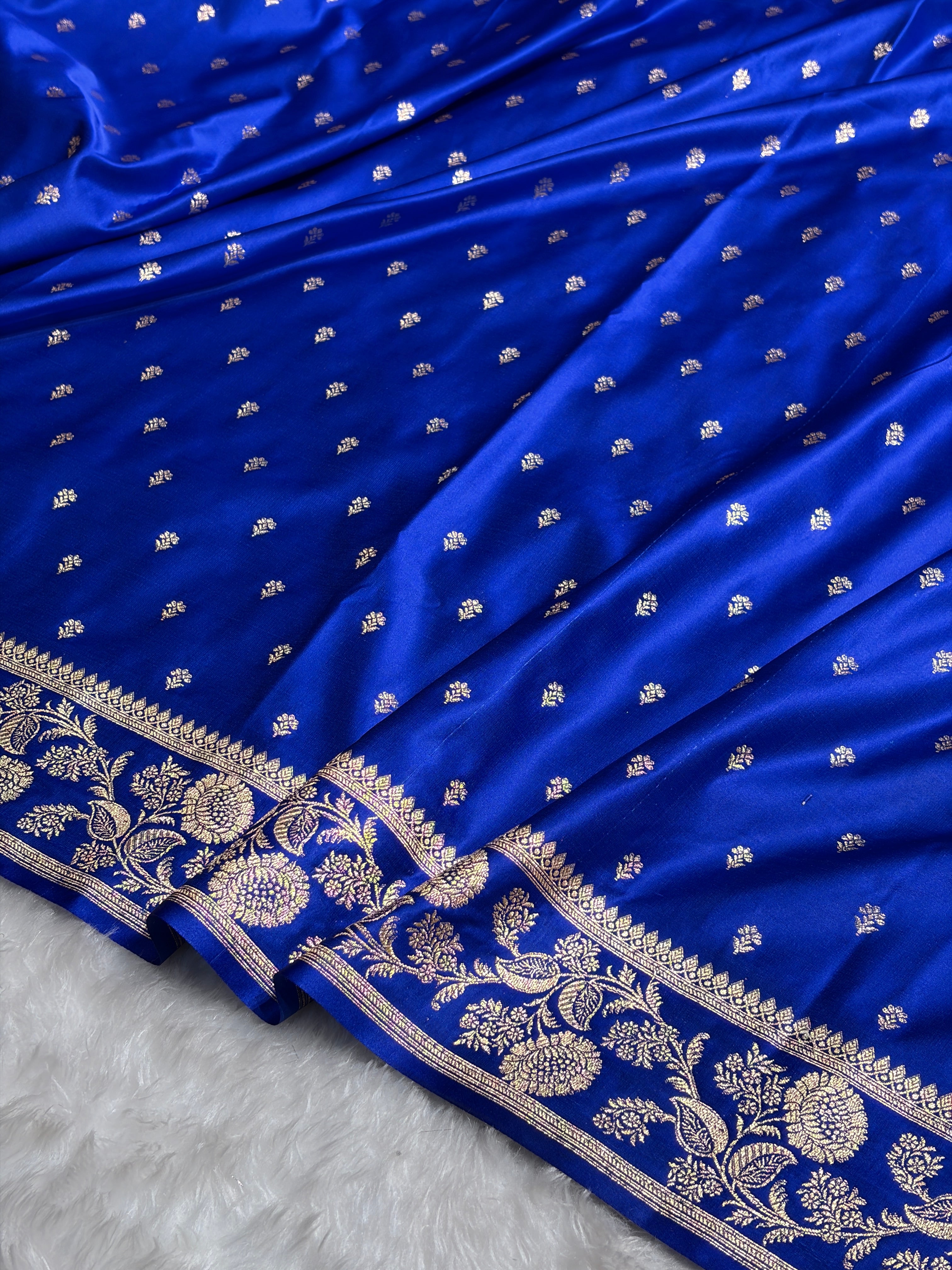 Royal Blue Floral Pattern Satin Katan Silk Saree SK77