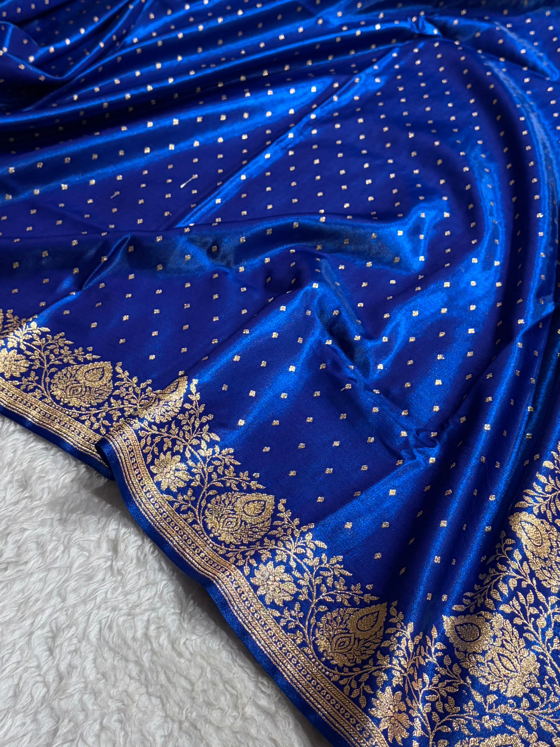Satin Silk Saree Floral Boota in Royal Blue Shades SS28