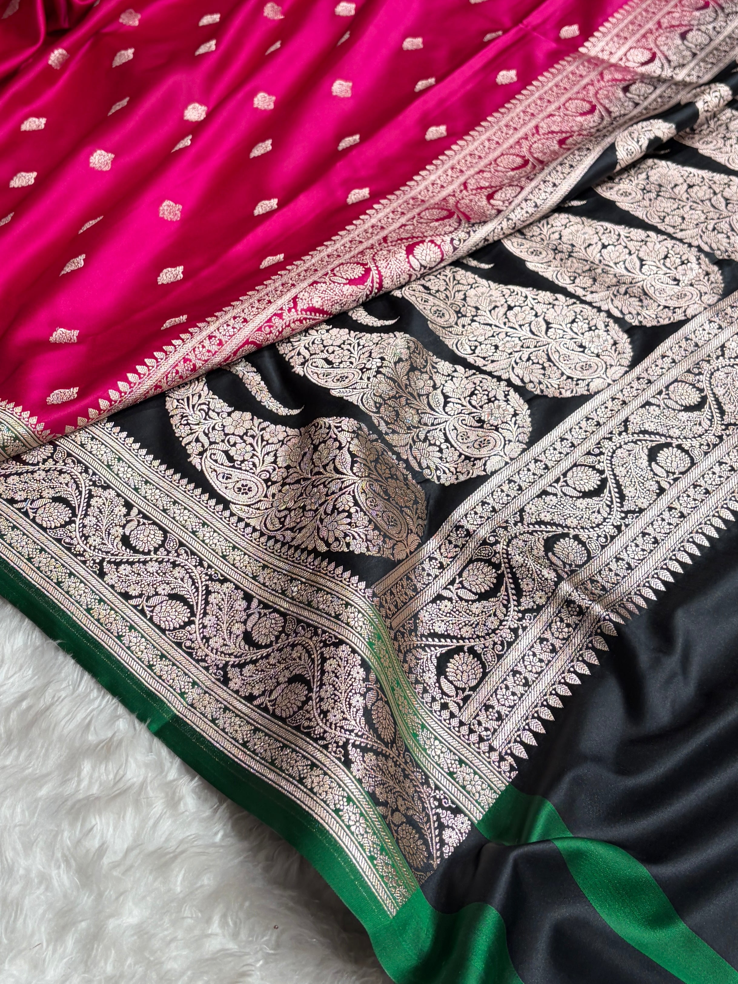 Banarasi Rani With Contrast Black Floral Border Mashru Silk Saree MSM-101