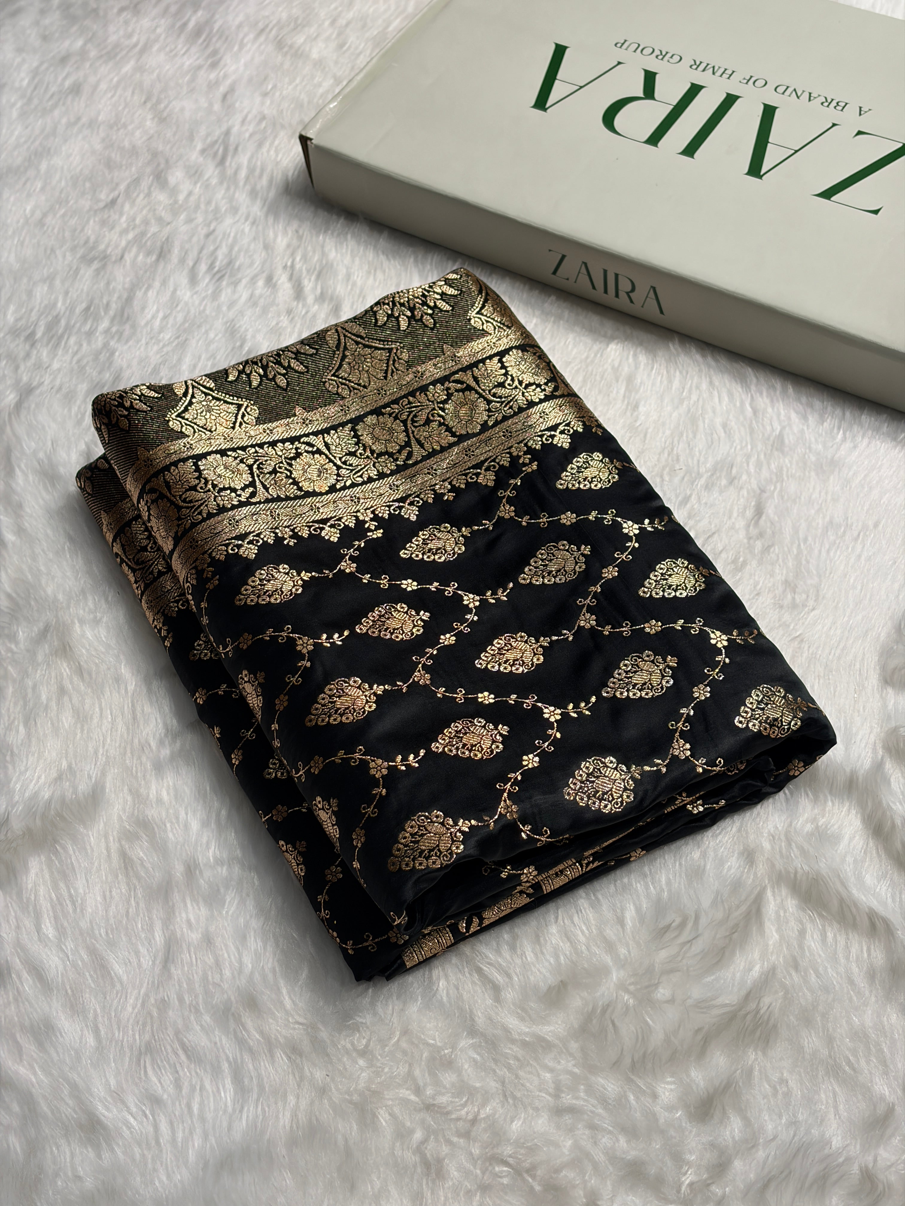 Black Floral Jaal Pattern Satin Katan Silk saree SK42