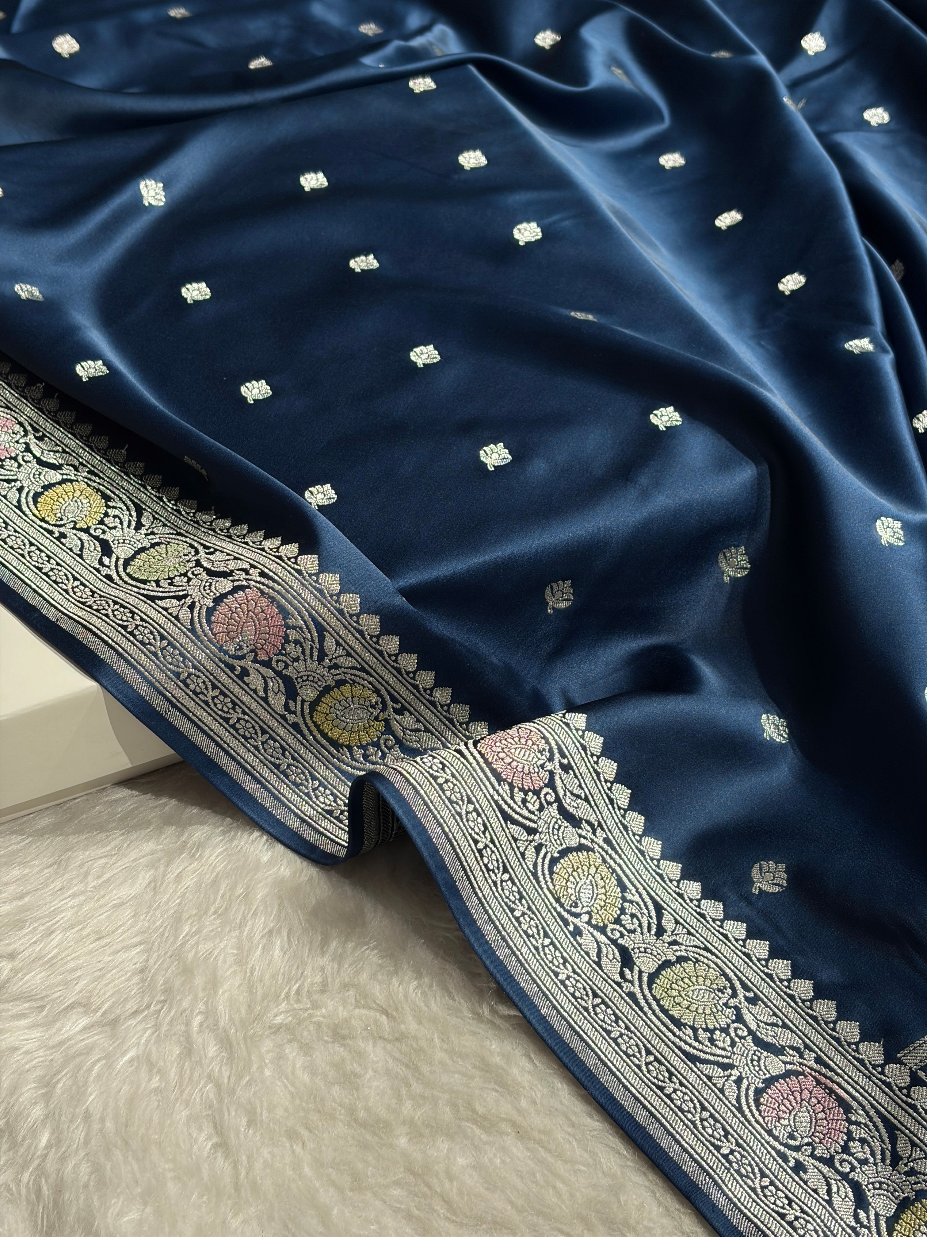 Banarasi Dark German Blue Booti Mashru Silk Saree MS10