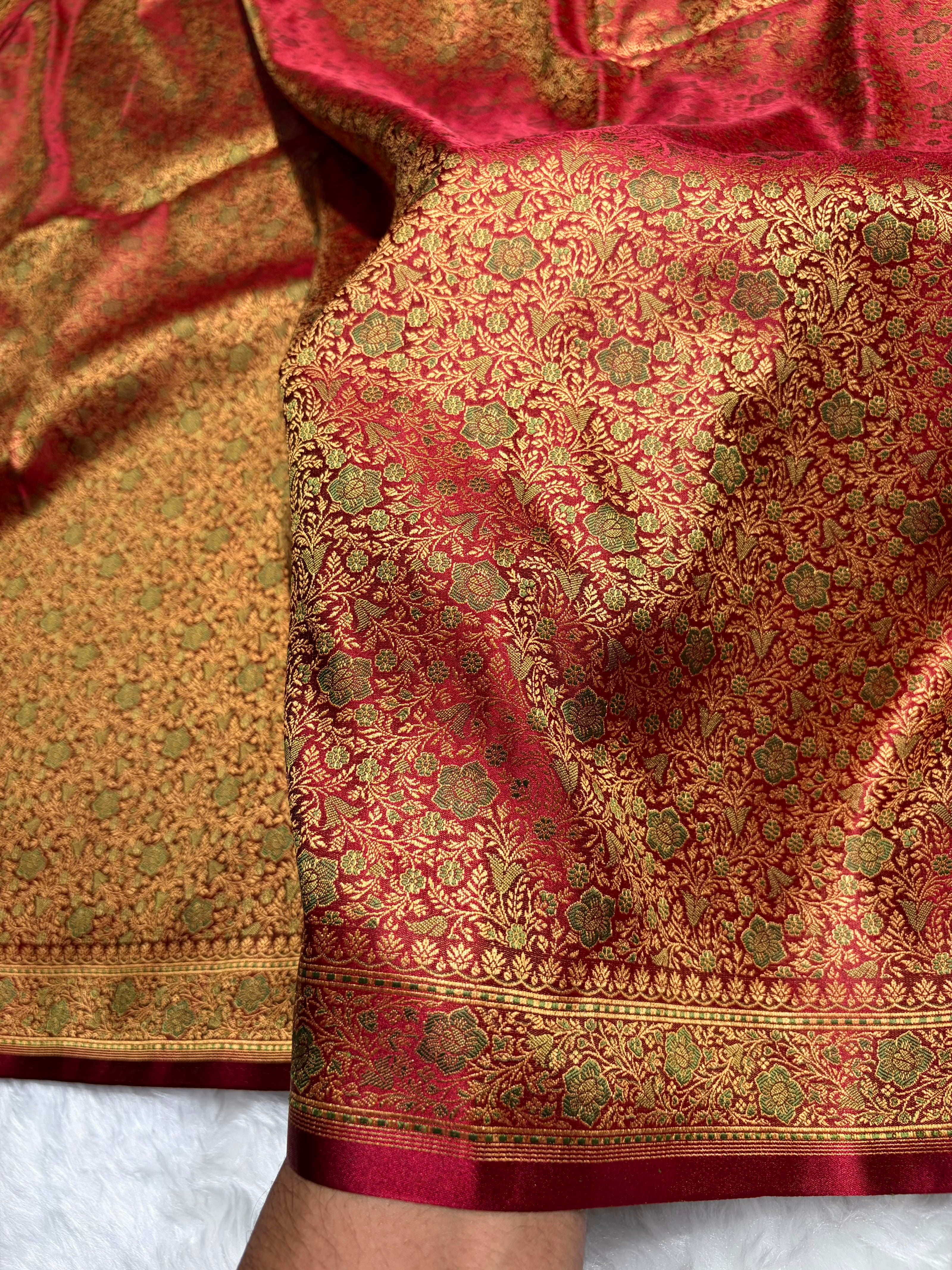 Greenish Maroon Jamawar Tanchoi Katan Silk Saree SKTM-14