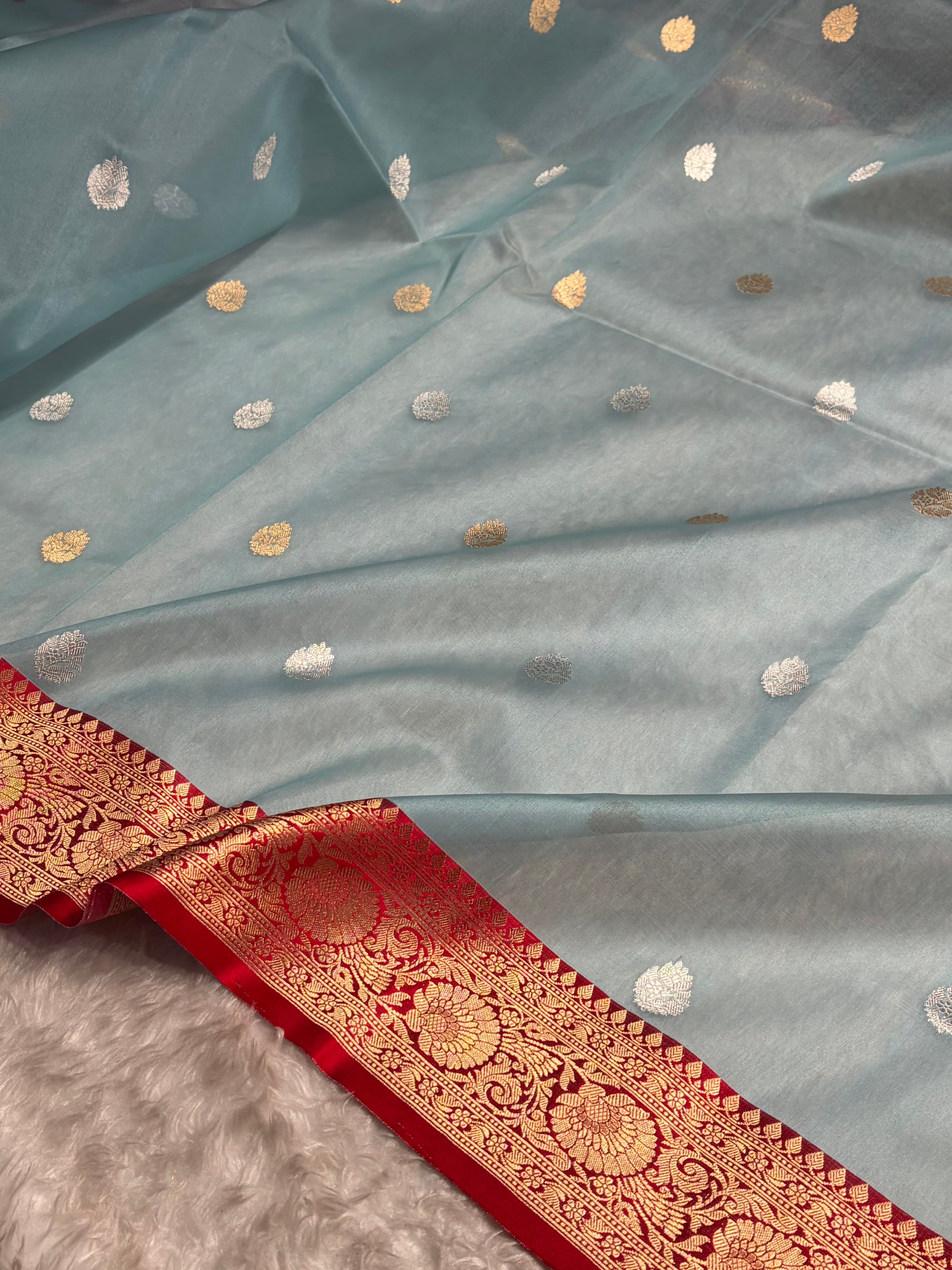 Contrast Pure Banarasi Organza Turquoise With Red Floral Banarasi Silk Saree PO-11