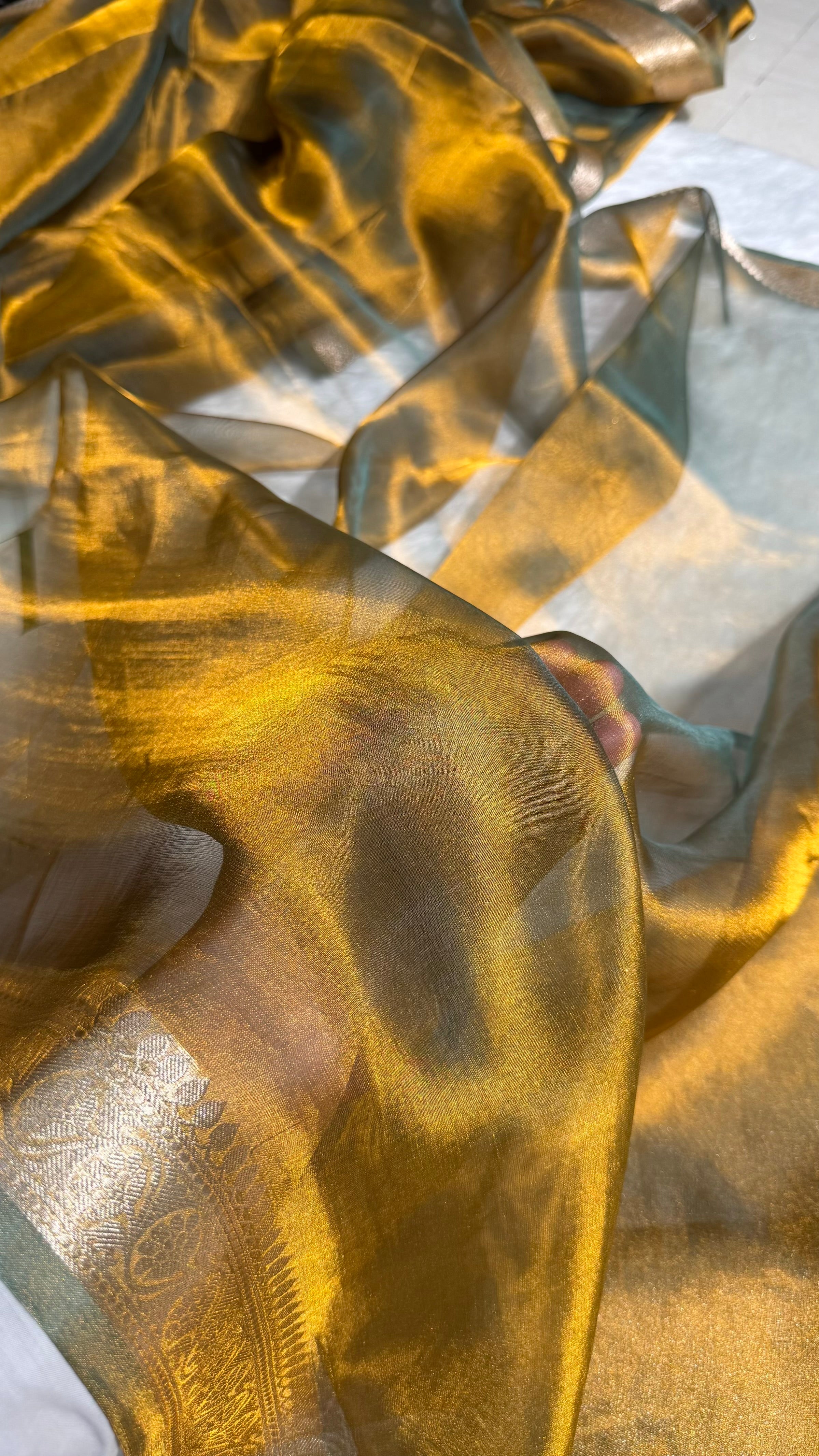 Cross Mehendi Shades Pure Tissue Silk Saree with Brocade Blouse PT-09