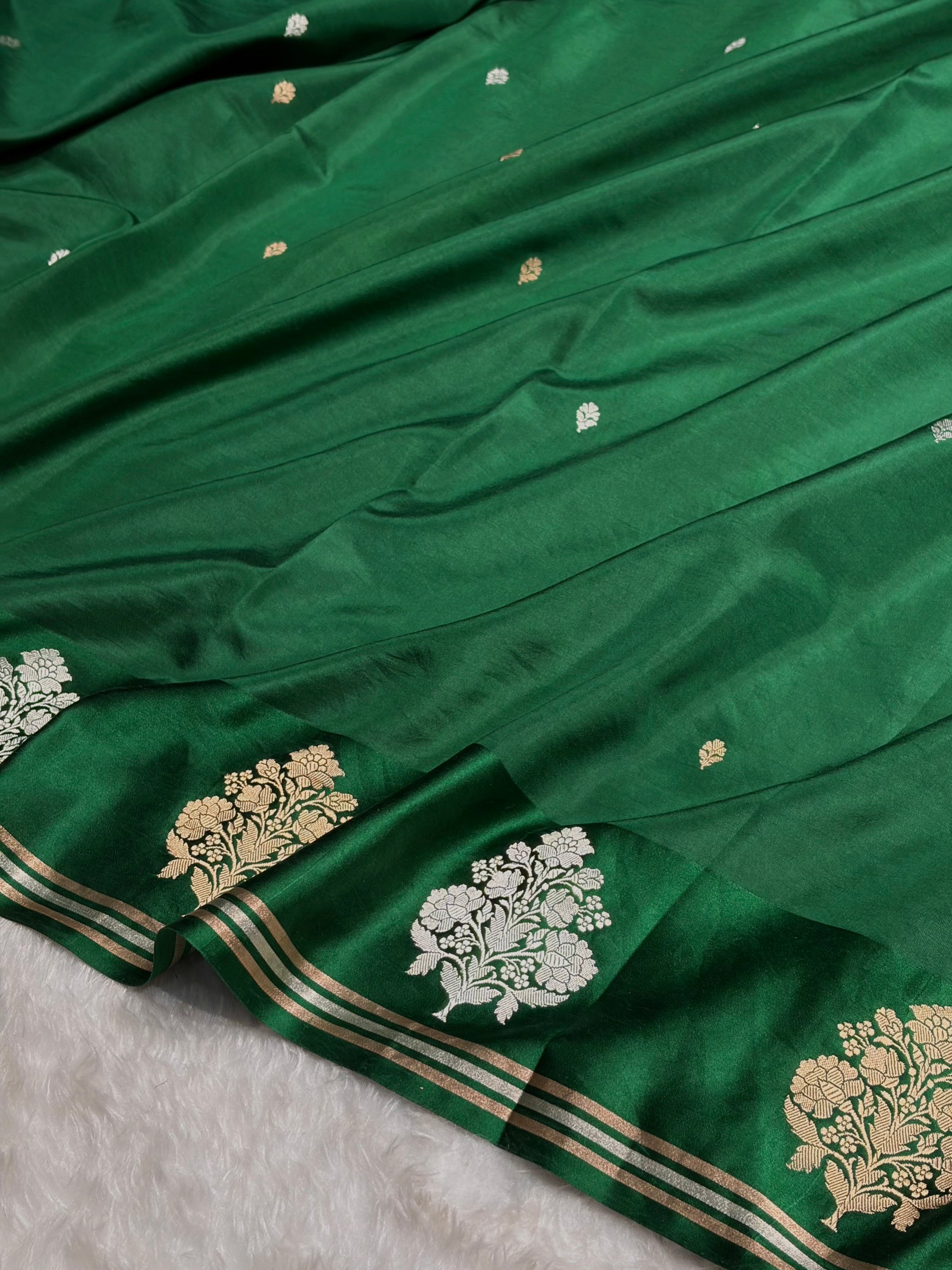 Bottle Green Shade Handwoven Kaduwa Pure Katan Raw Mango Silk RM-01