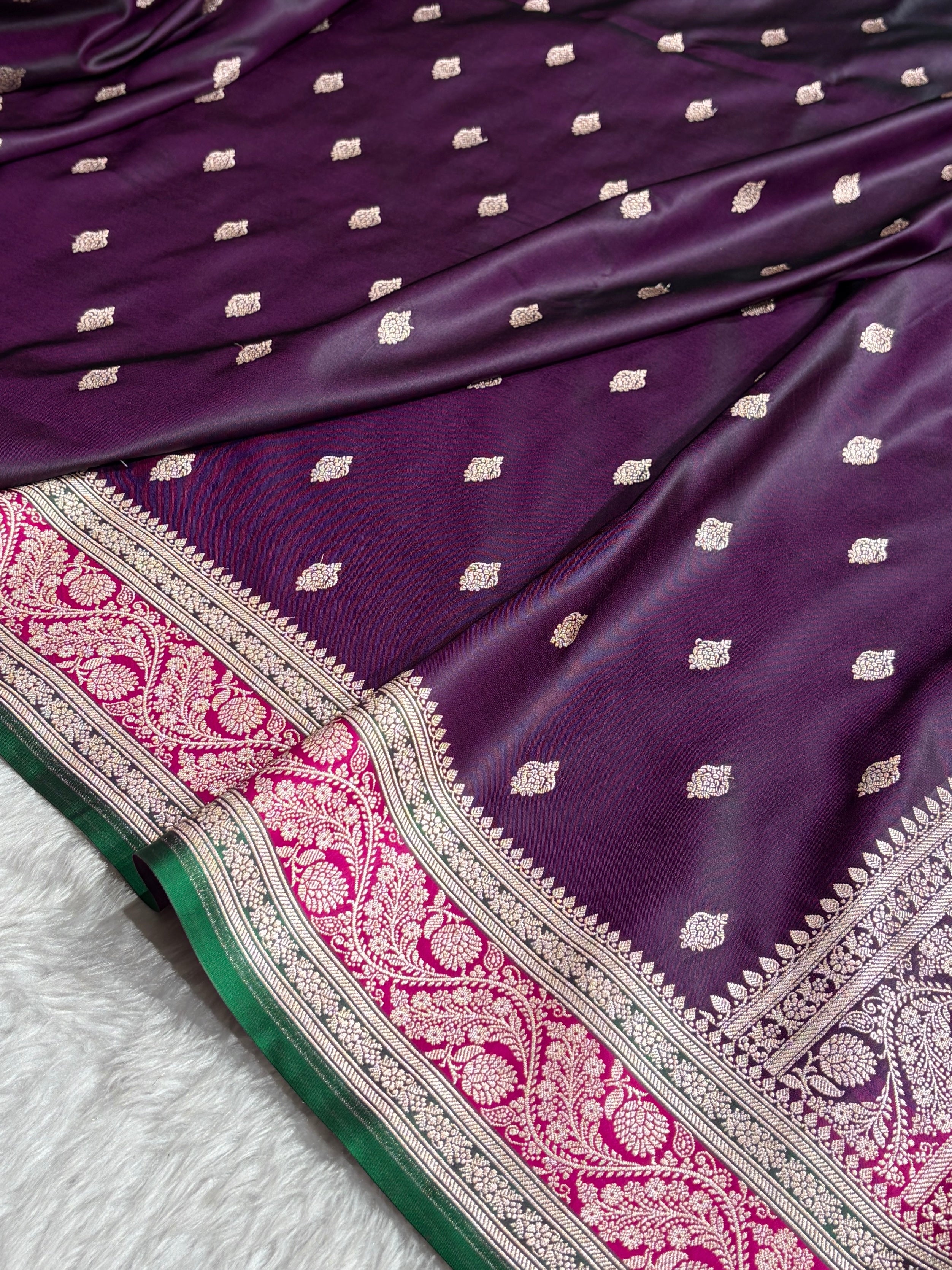 Banarasi Cross Wine With Contrast Rani Floral Border Mashru Silk Saree MSM-101