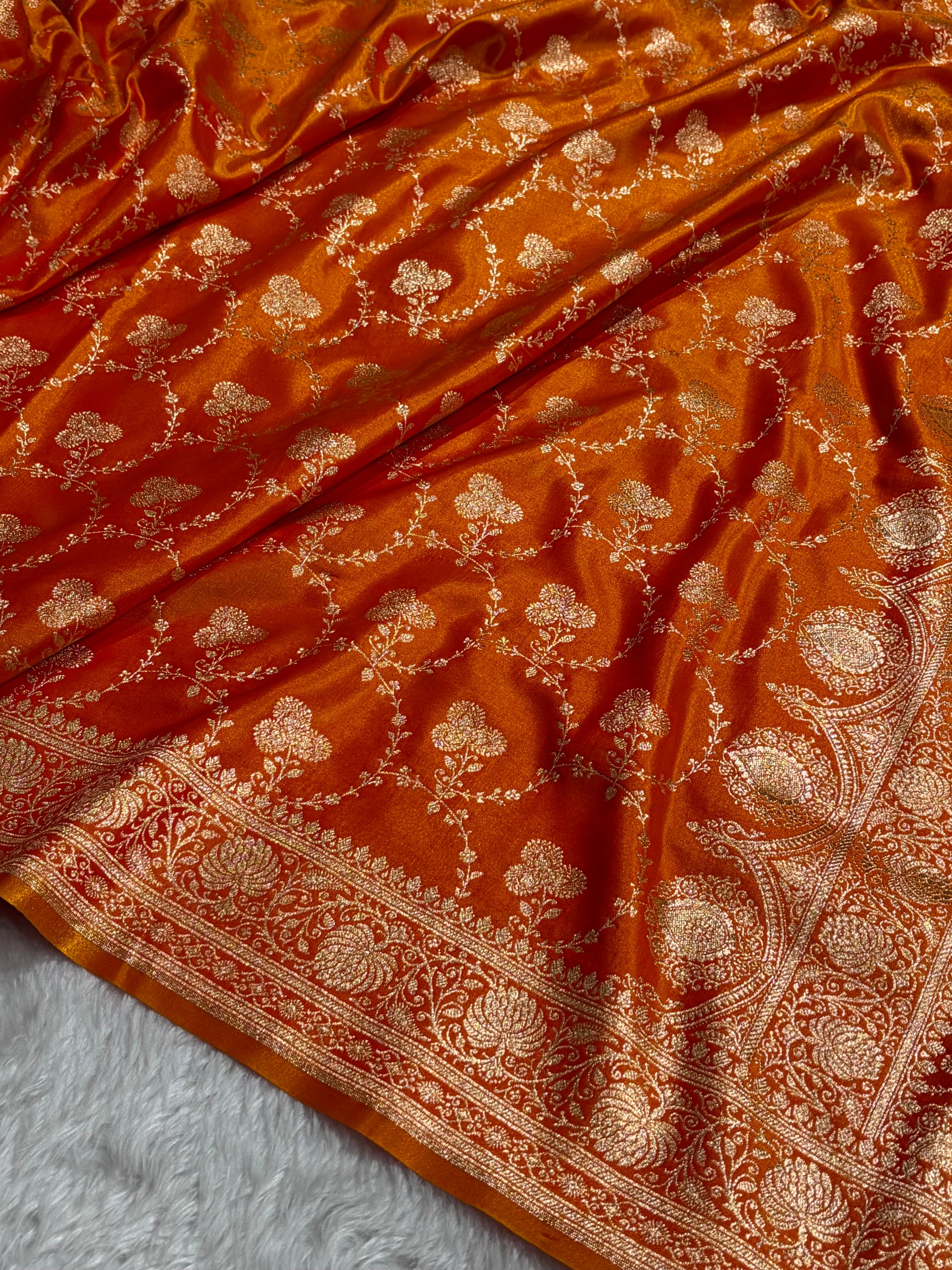 Banarasi Satin Silk Saree Jaal in Fire Gold Shades SS23