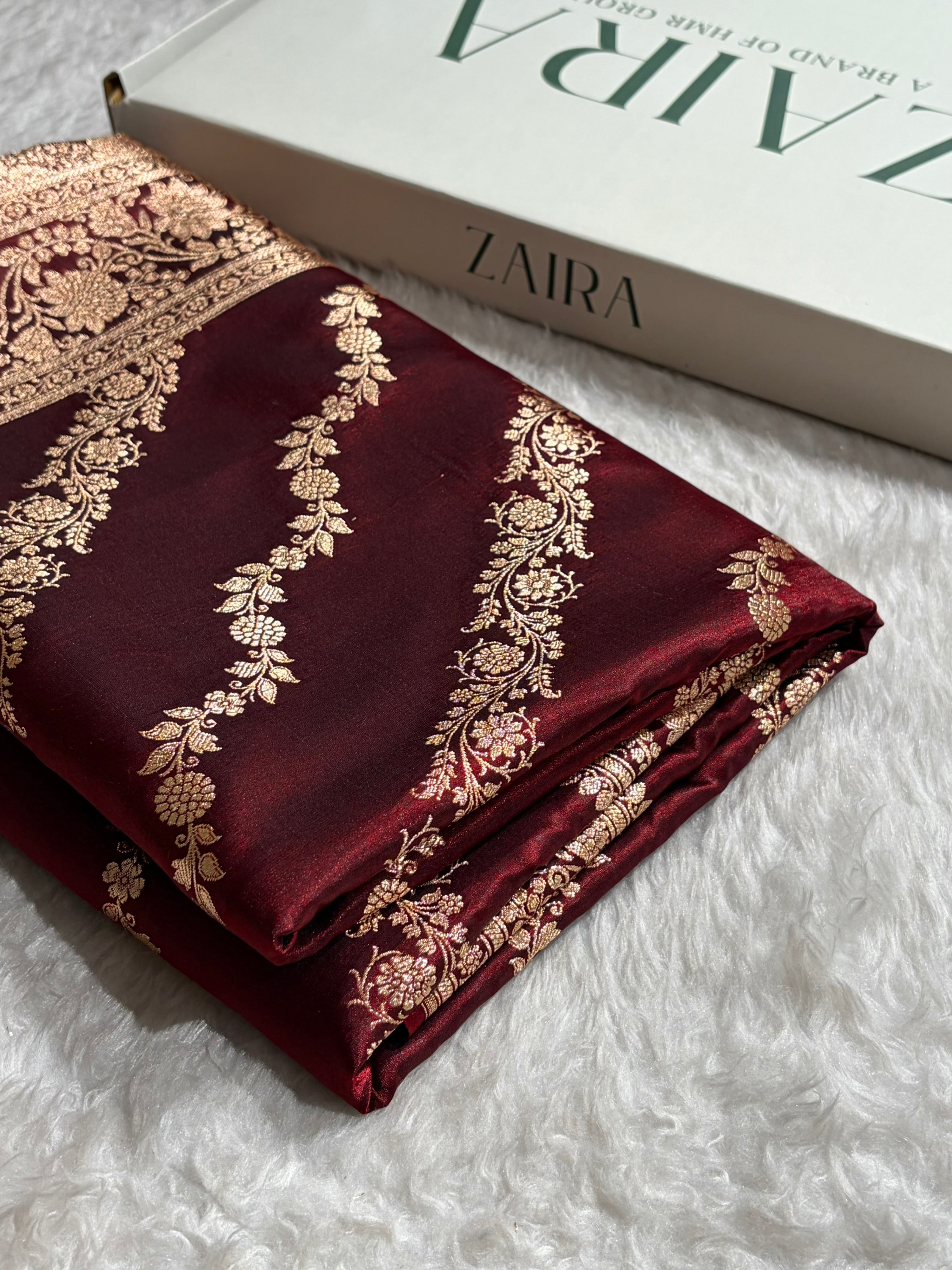 Banarasi Ultra Light Weight Satin Silk Mahroon in Cross Pattern SS10
