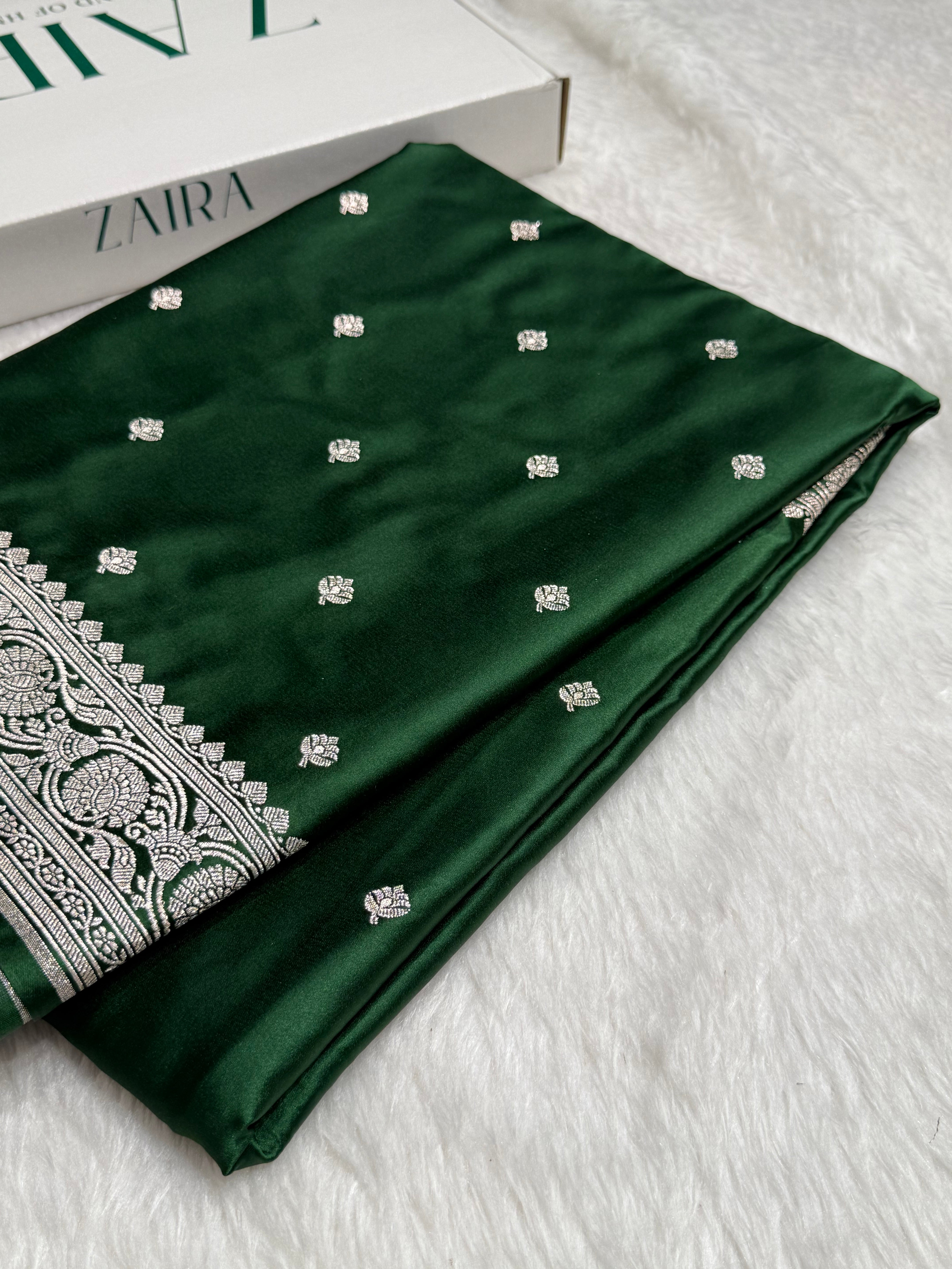 Booti Motif In Dark Mehandi Mashru Silk Saree