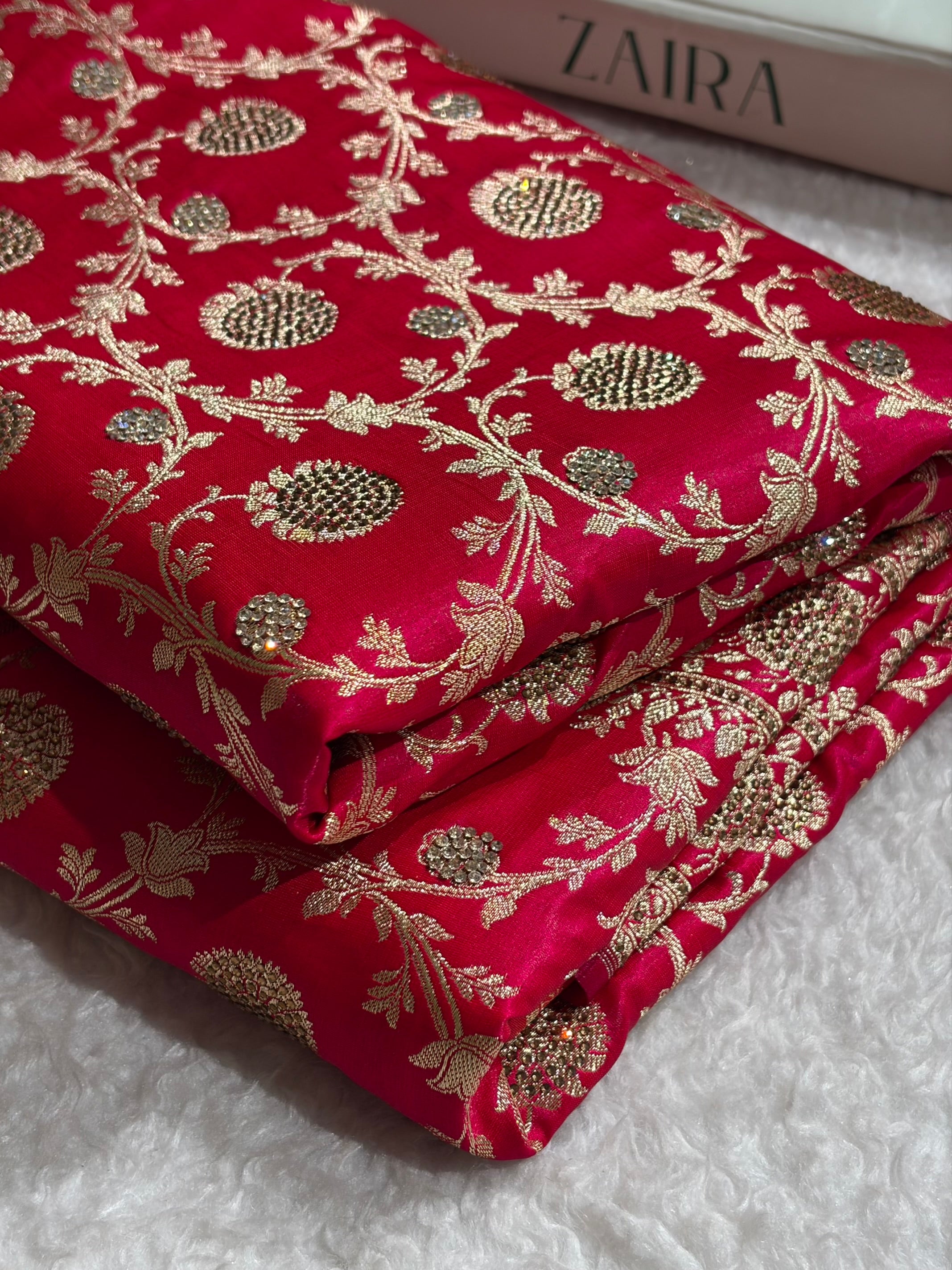 Cross Rani With Swarovski Work Jaal Pattern Satin Silk Saree BSS15