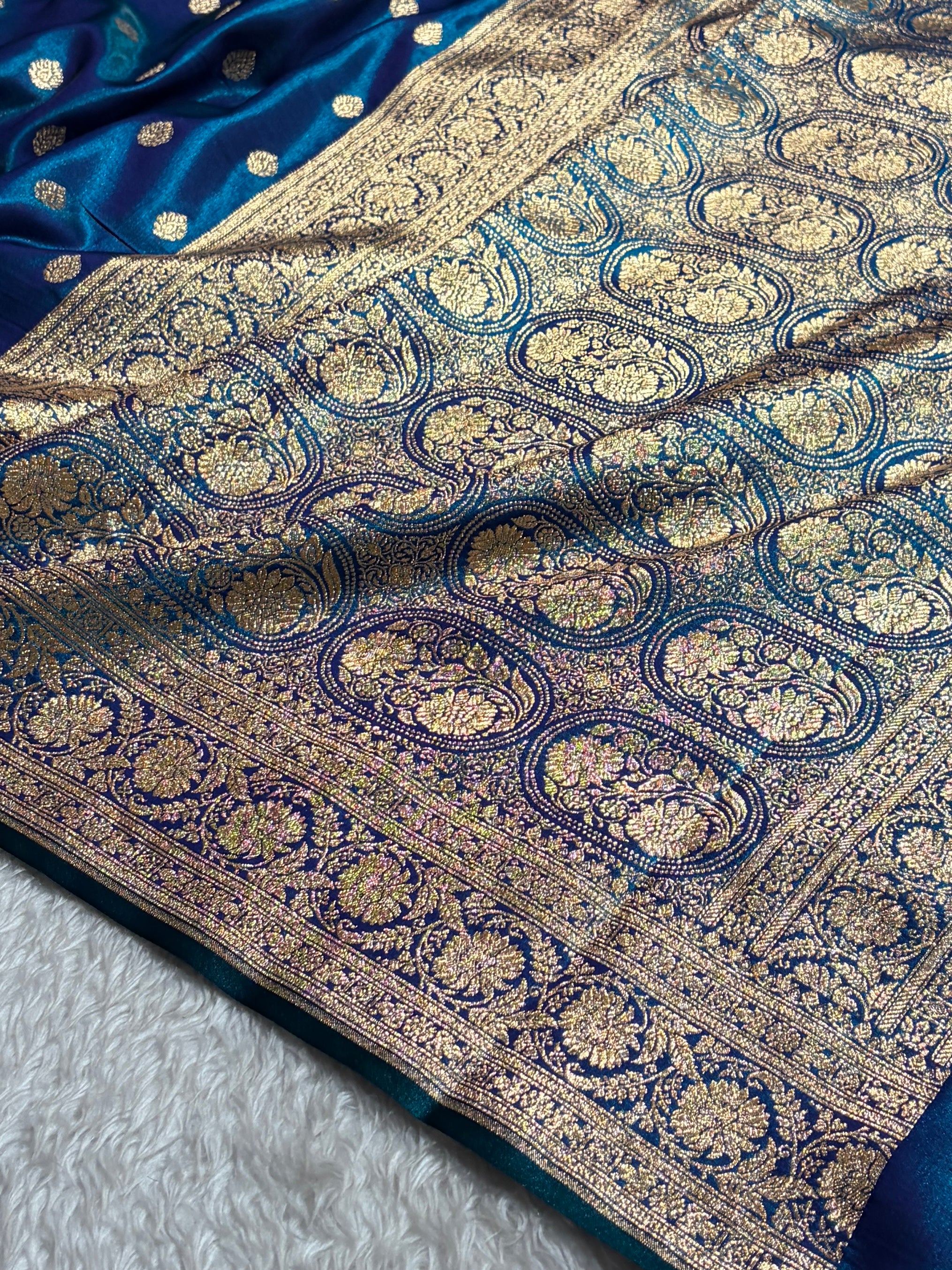 Peacock Shades Boota Pattern Banarasi Satin Silk Saree