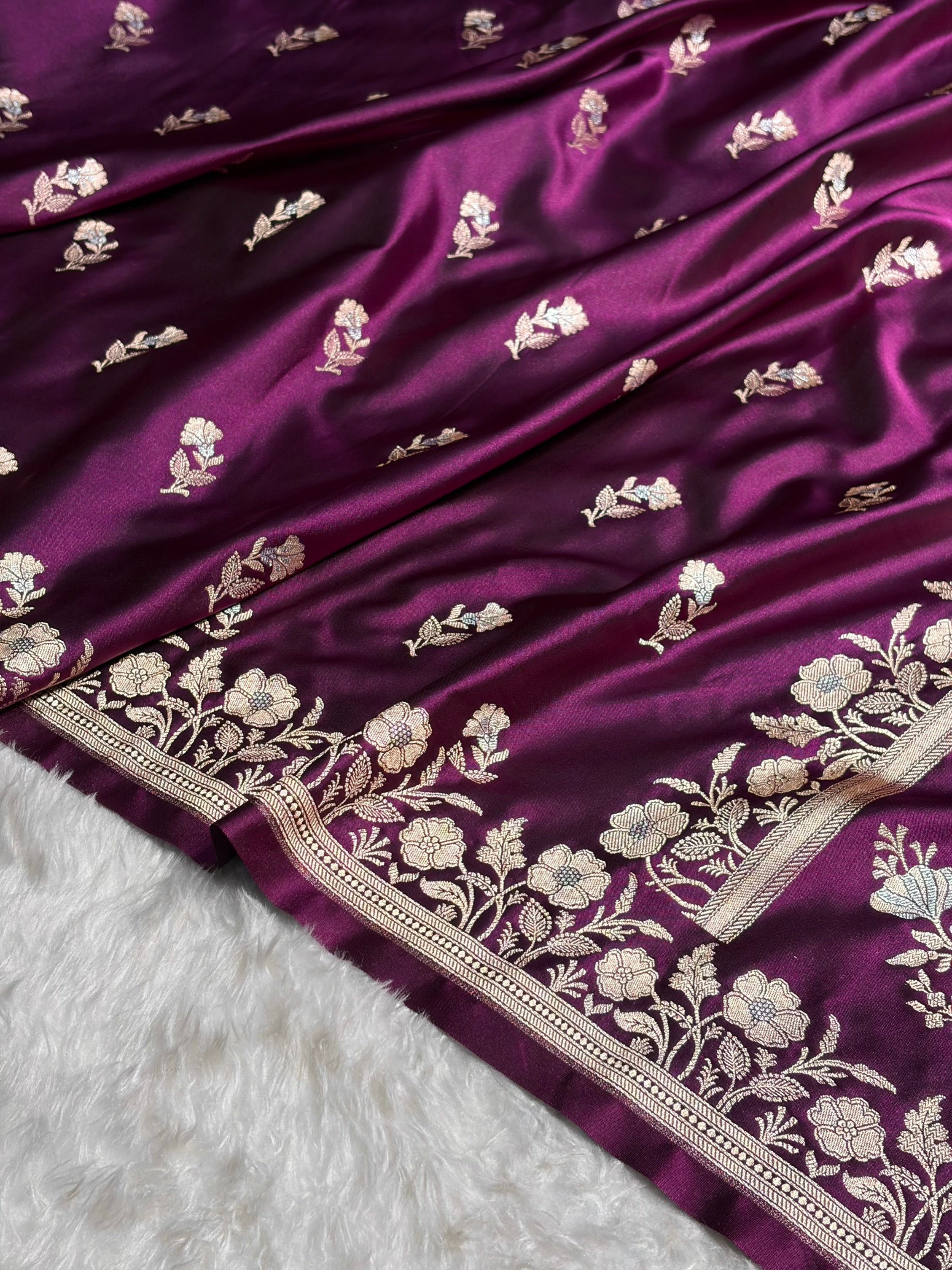 Banarasi Wine Boota With Floral Border Mashru Silk Saree MSM-88