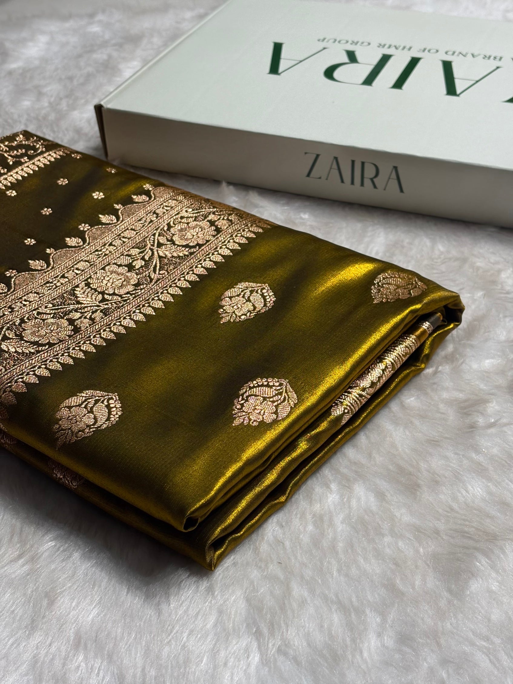 Satin Silk Saree Booti Motif in Mehendi Shades SS20