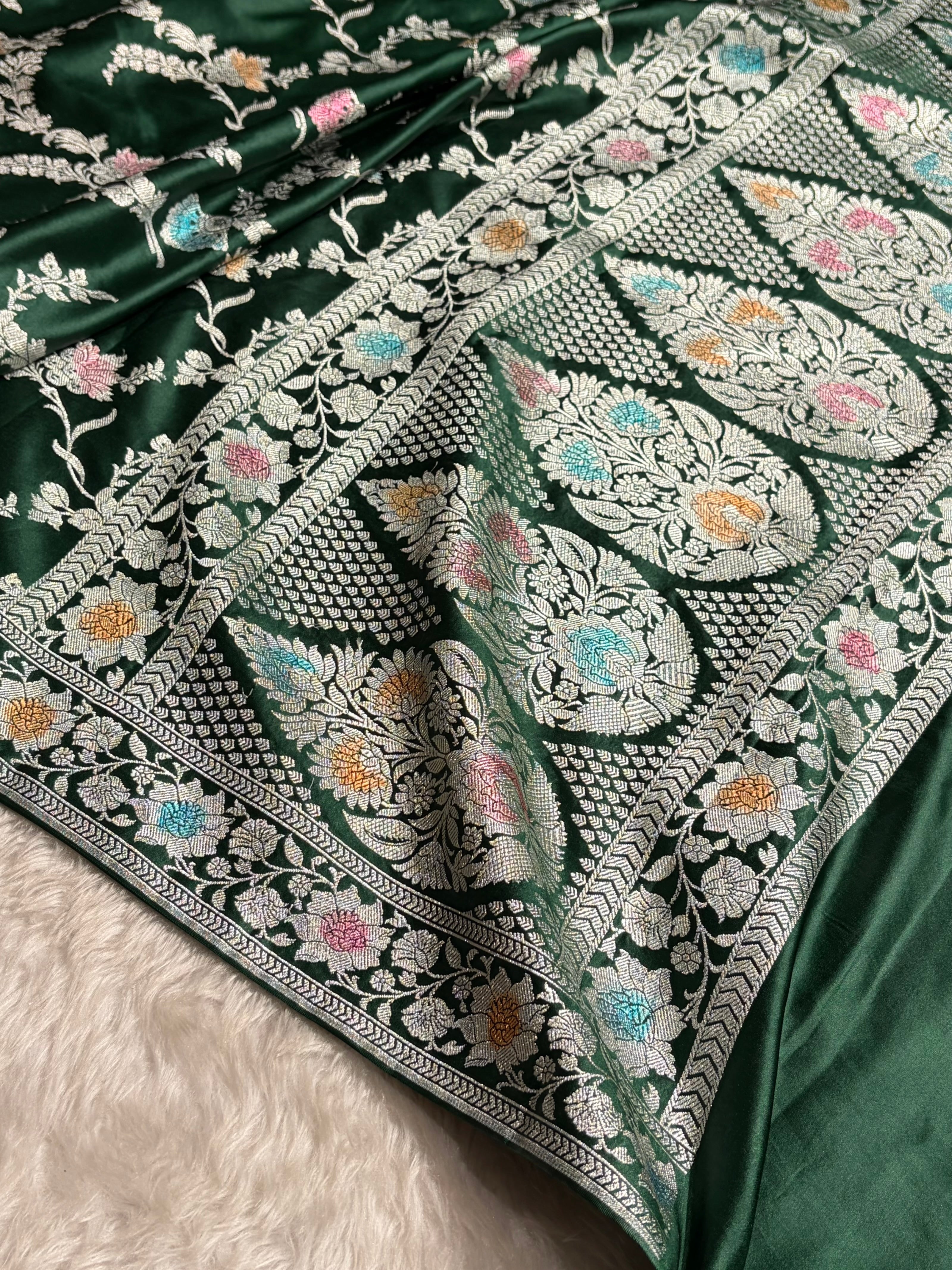 Dark Bottle Green Shades Minakari Jaal Mashru Silk Saree MCS48